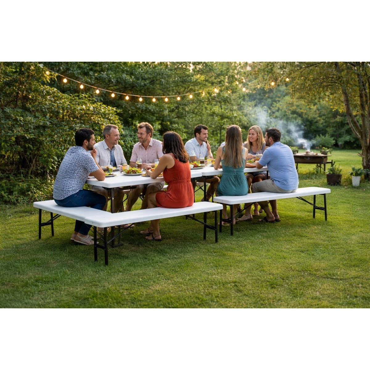 Lot de 2 Bancs de Jardin Pliables Blancs 180 x 28 x 43.5H cm Banc Exterieur Interieur Camping Réception