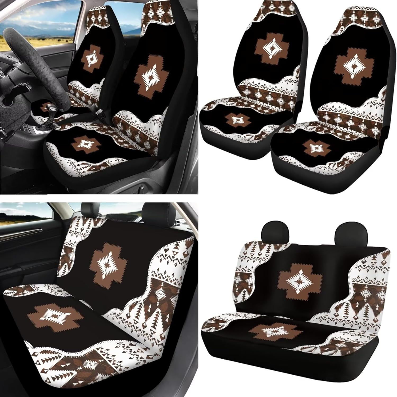 Horeset Western Aztec Tribal Car Seat Cover Sets Full Set Auto Seats Cushion with Steering Wheel Covers+Seat Belt Pad+Car Cup Coaster+Keychain Holder Fit Most Vehicle-10 Piece
