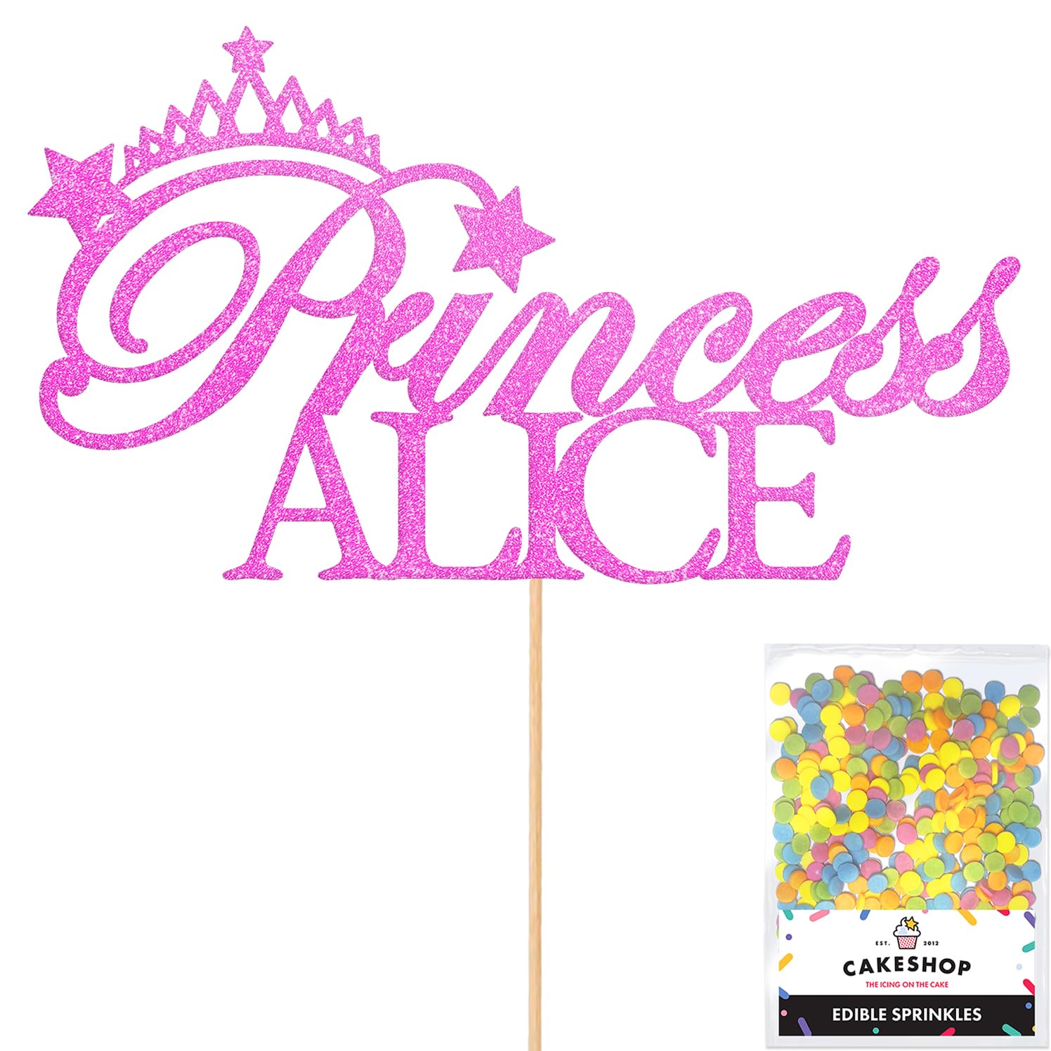 Personalised Birthday Princess Glitter Cake Topper- Light Pink Any Custom Name Glitter Cake Decoration and Sprinkles - Happy Birthday Decorations - Personalised Toppers for Cakes by Cakeshop — image 1