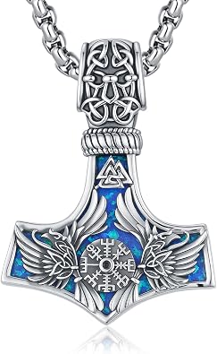 Thor Hammer Necklace for Women Men, S925 Sterling Silver Viking Mjolnir Necklace Pendant with Corlorful Opal Norse Runes Amulet Jewelry Gift