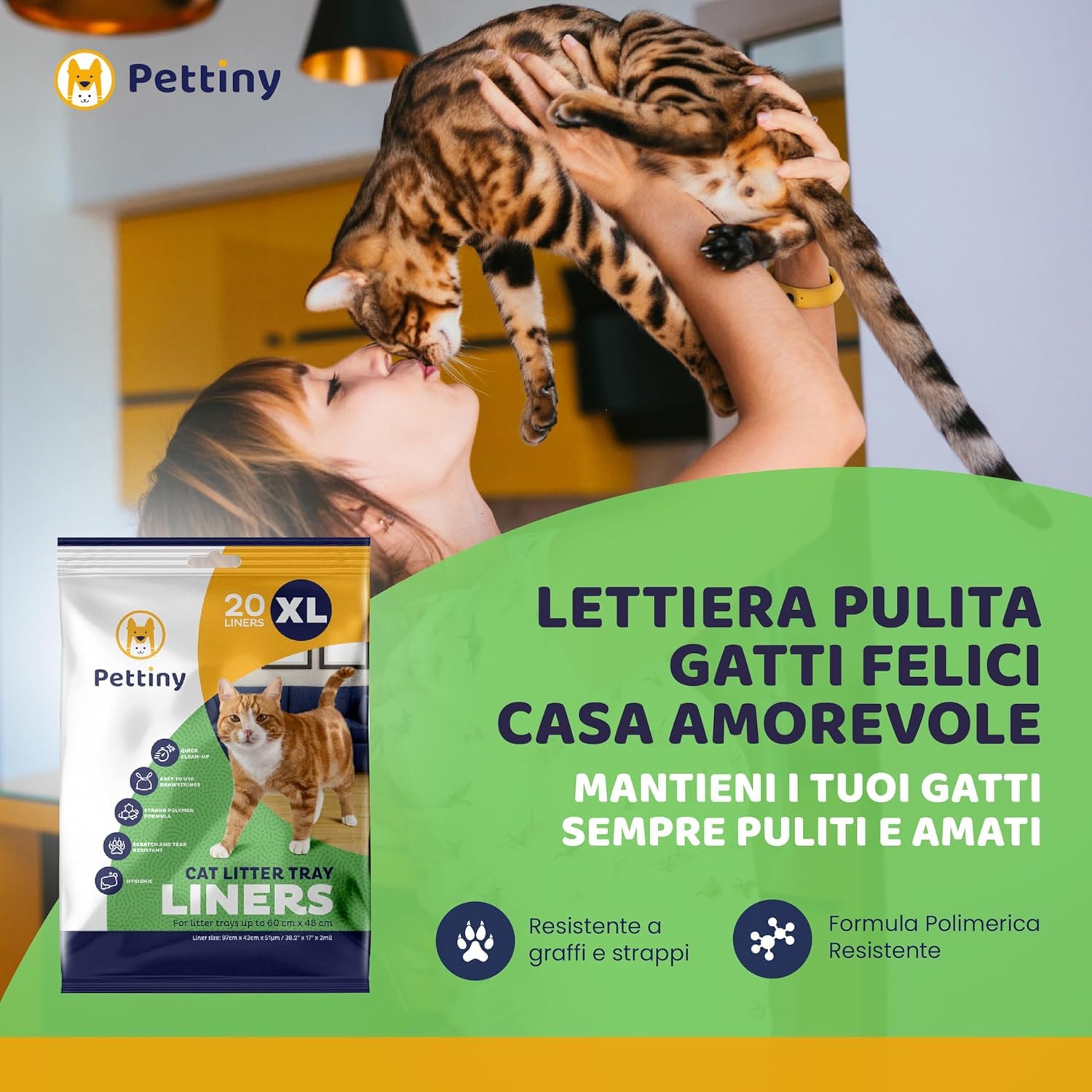 Pettiny 20 Sacchetti XL per Lettiera per Gatti con Coulisse Sacchi Resistenti ai Graffi per Cassetta Igienica Grande