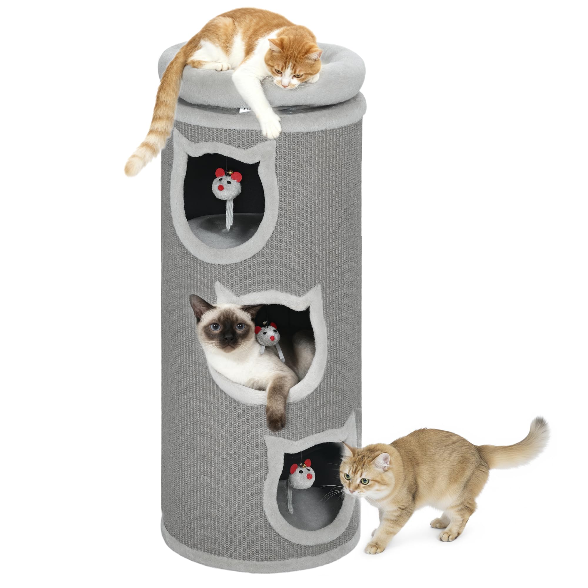 PawHut Kratztonne 96 cm Hoch Ø 38 cm vierstöckige Katzentonne mit Plüschrand, abnehmbarem und waschbarem Plüschbett, Katzenhöhle, Kratzbaum für Katzen unter 6 kg, Grau