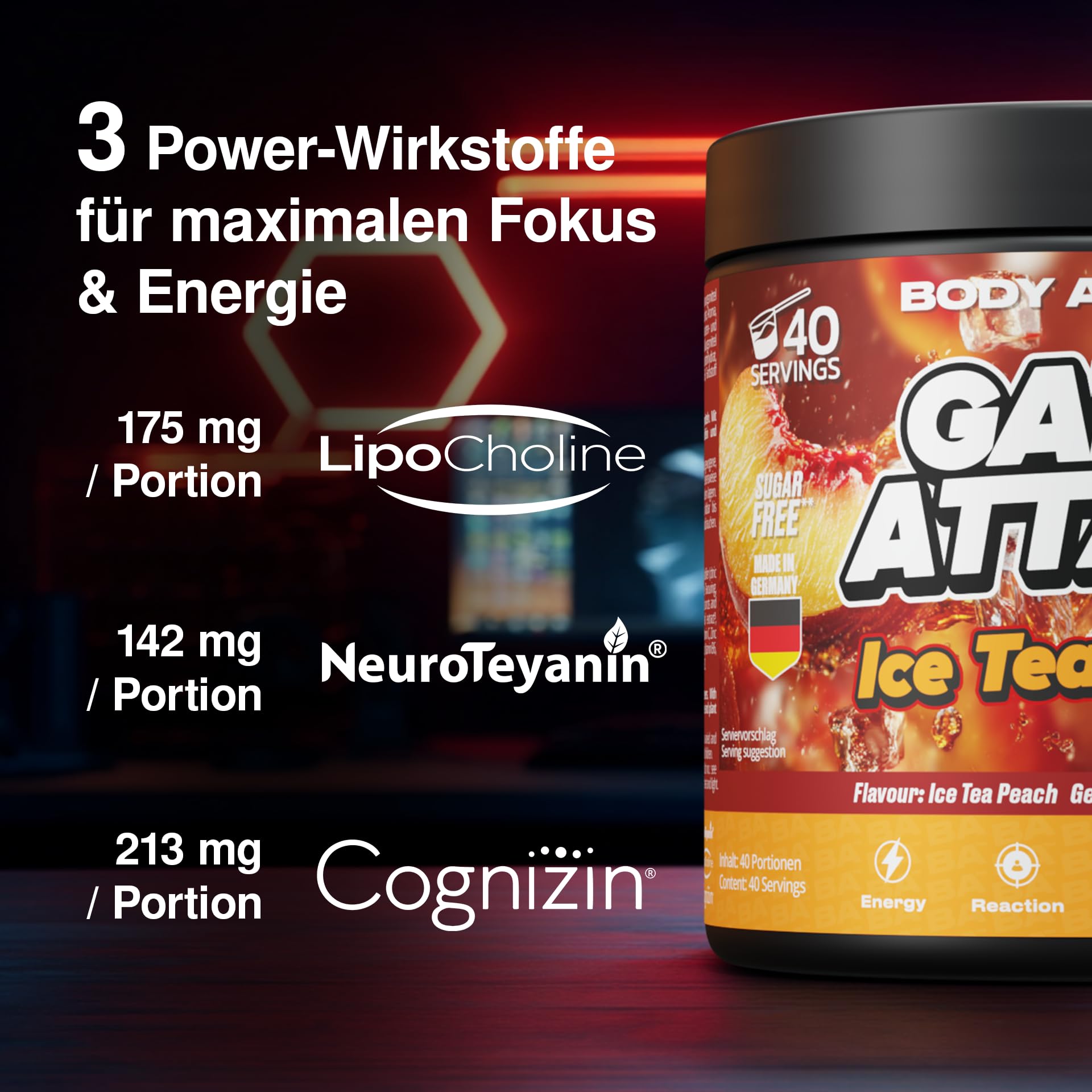 GAME ATTACK Gaming Booster - Ice Tea Peach - 300 g (40 Portionen) - Energy Drink Pulver für Fokus & Energie - 17 kcal/Portion - 18 Zutaten - geprüfte Qualität - Made in Germany