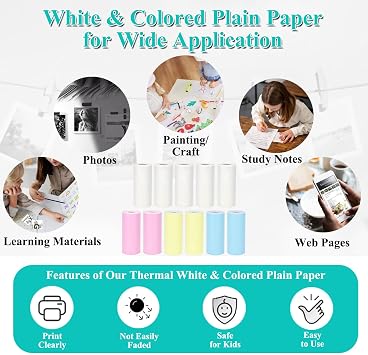 16 Rolls Mini Printer Paper, Including 5 White Sticker, 6 Colored Plain, and 5 White Plain Paper Rolls for Mini Thermal Printer, 57x25 mm, Compatible with Most Pocket Printers