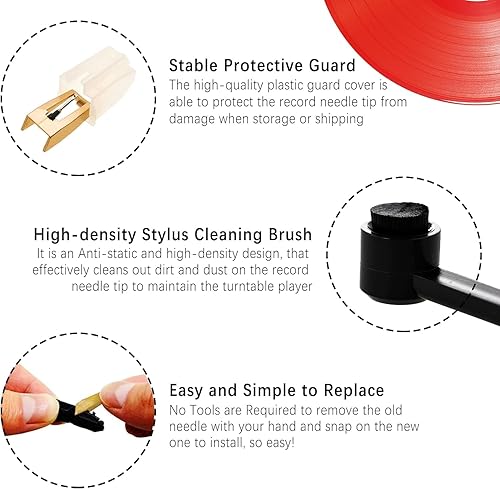 Miniatura 10 de Paquete de 3 agujas de repuesto para tocadiscos de diamante, agujas de disco de vinilo con lápiz capacitivo de limpieza para Victrola Crosley ION