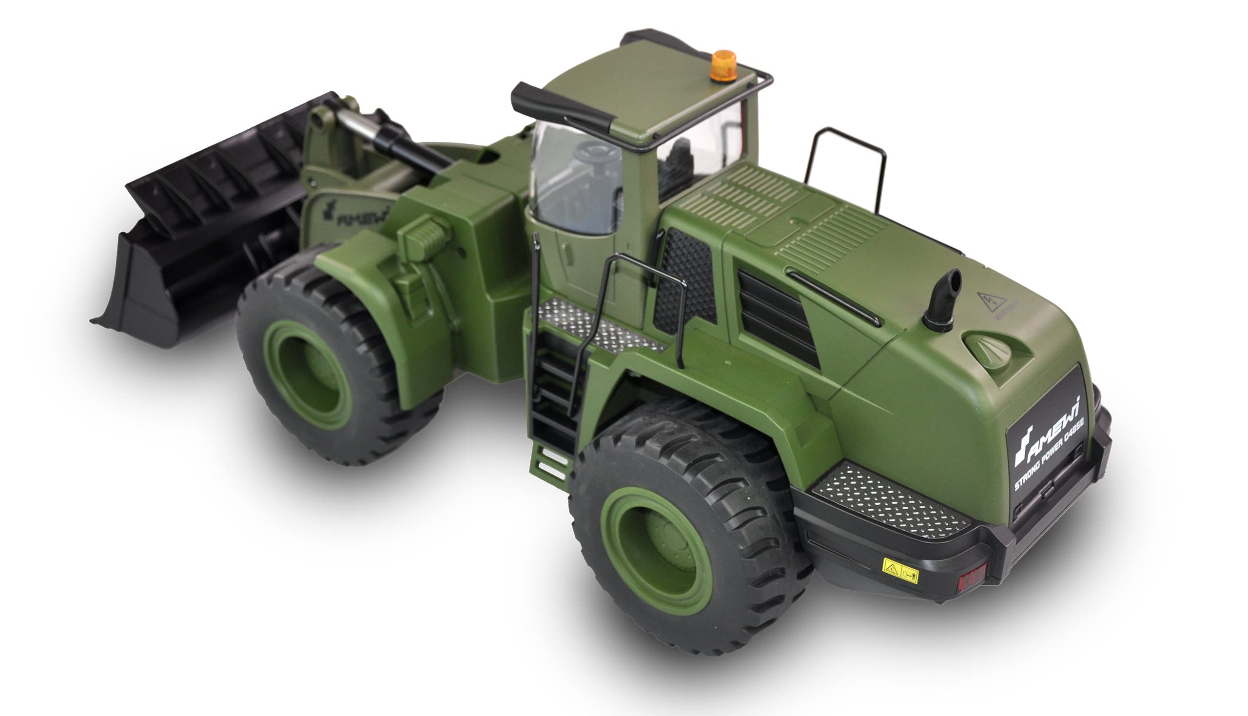Amewi 22534 Radlader G485E ME Militär 1:14, Teilmetall, Sound, Licht, Rundumleuchte, 10-Kanal, inkl. Schnellwechsler und Paletten-Gabel, RTR, Olivgrün