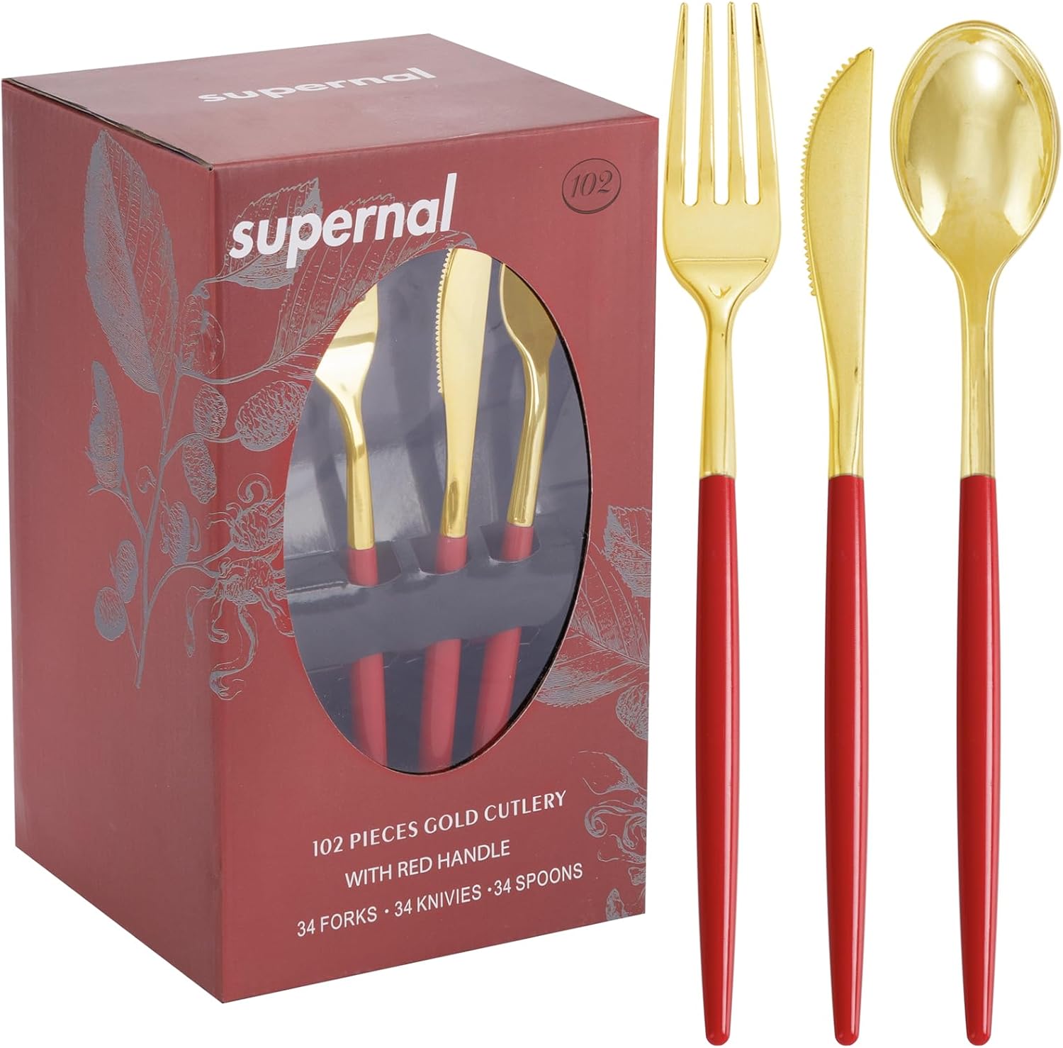 supernal 102pcs red plastic silverware, gold plastic utensils with red handle, gold disposable utensils heavy duty includes 34 forks, 34 spoons and 34 knives prefect for party, wedding & mother's day 102pcs gold plastic cutlery with red handle