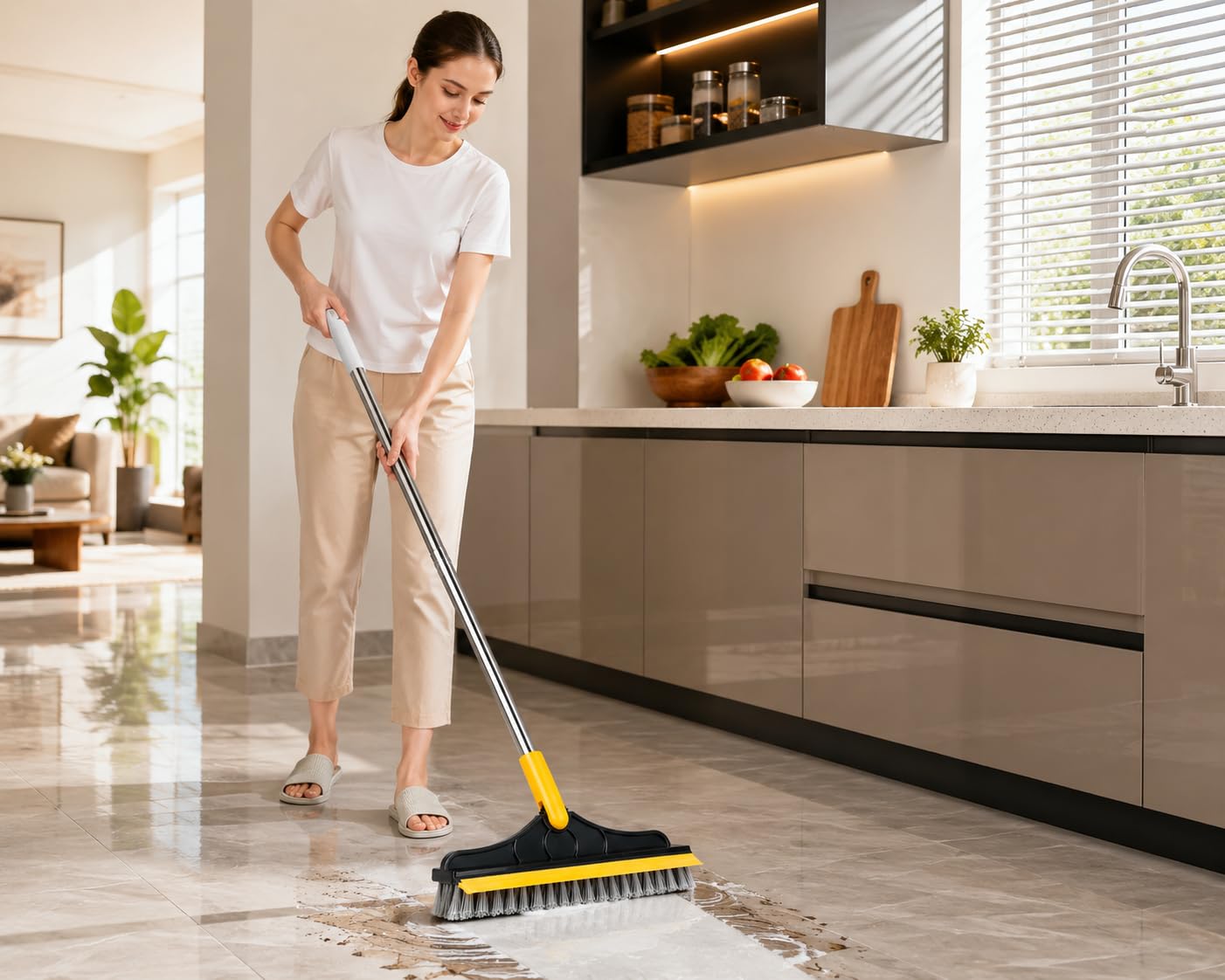 Floor Cleaning Brush with Squeegee Long Handle Floor Scrubber Brush with Rubber Wiper Stiff Bristle Bathroom Cleaning Brush for Tiles Kitchen Balcony Terrace & Wet Floors 2 in 1-image-44