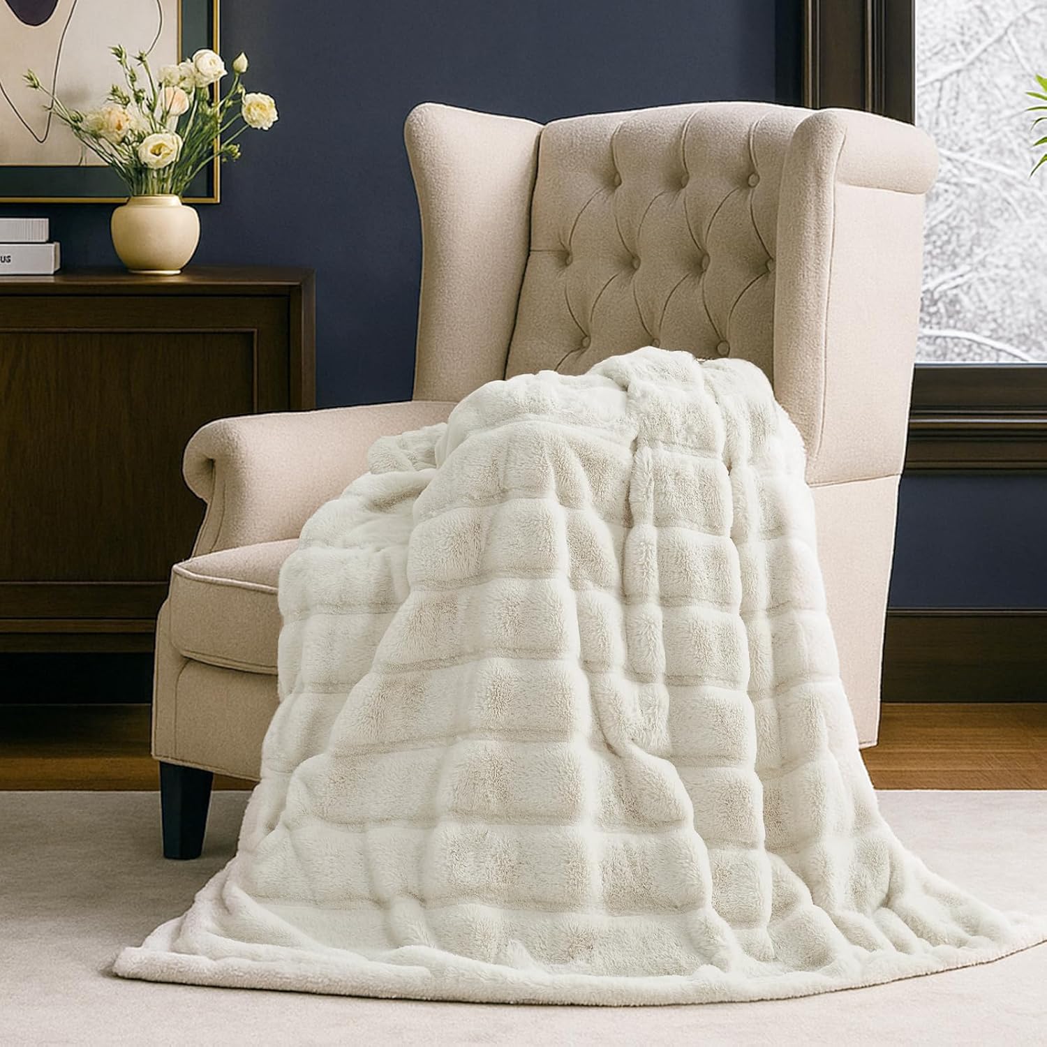Cozy Bliss Deluxe Sheared Rabbit Faux Fur Throw Blanket, Soft Fuzzy High-Low Sculpted Plush Blanket for Couch, Cozy Home Accent, All Season Use, Beige 50"x60" - Image 8