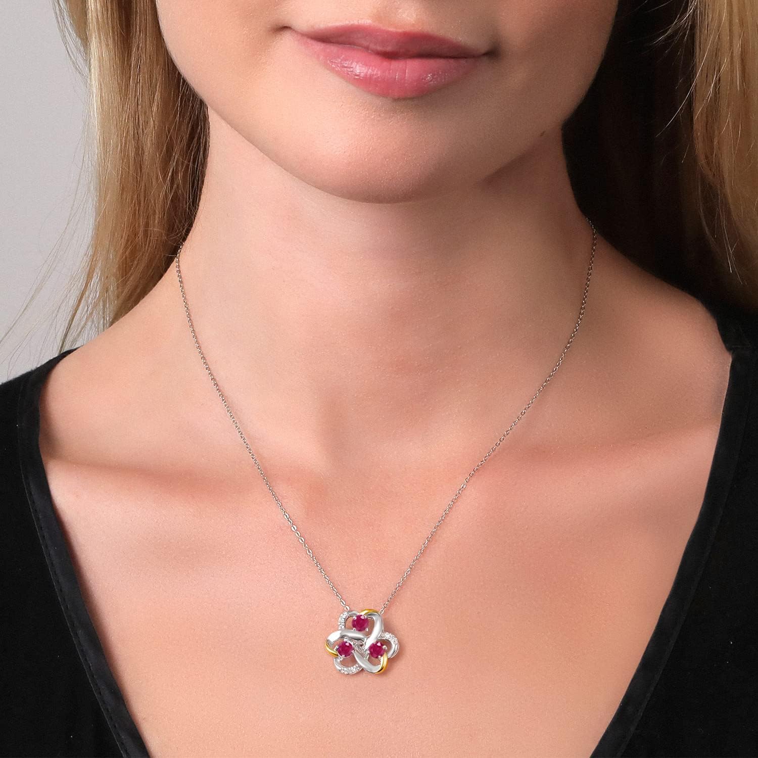 Gem Stone King 925 Silver and 10K Yellow Gold Round Red Ruby and White Lab Grown Diamond 3-Stone Pendant Necklace For Women (1.10 Cttw, Gemstone July Birthstone, with 18 Inch Chain) - Image 3