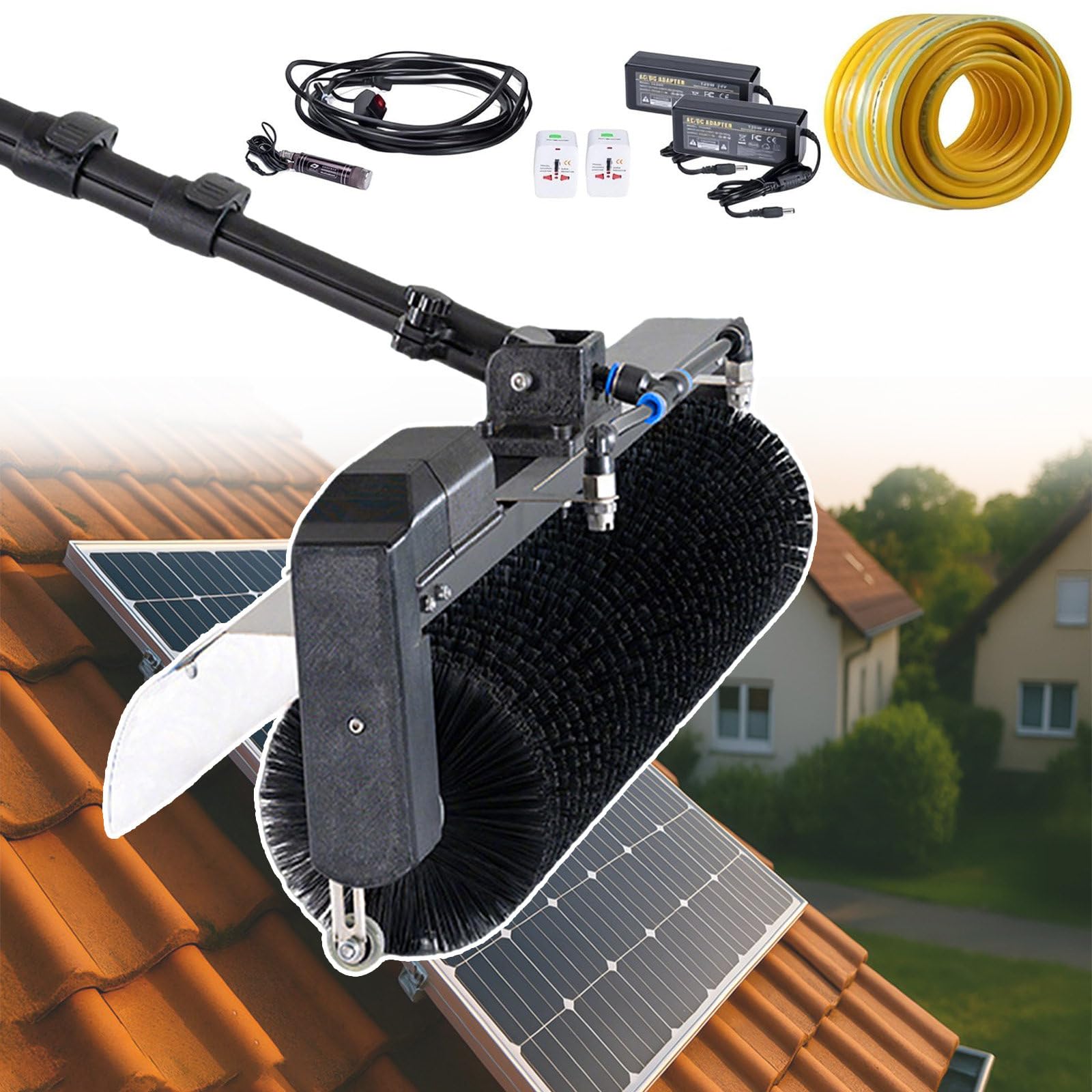 SOTIKARERY Window Solar Panel Cleaning Kit, Solar Panel Roof Glass Cleaner Tool - 600 mm Cleaning Width,Lightweight Telescopic Aluminum Rod,Automatic Water Supply,Two Cleaning Modes 5.5m/18ft