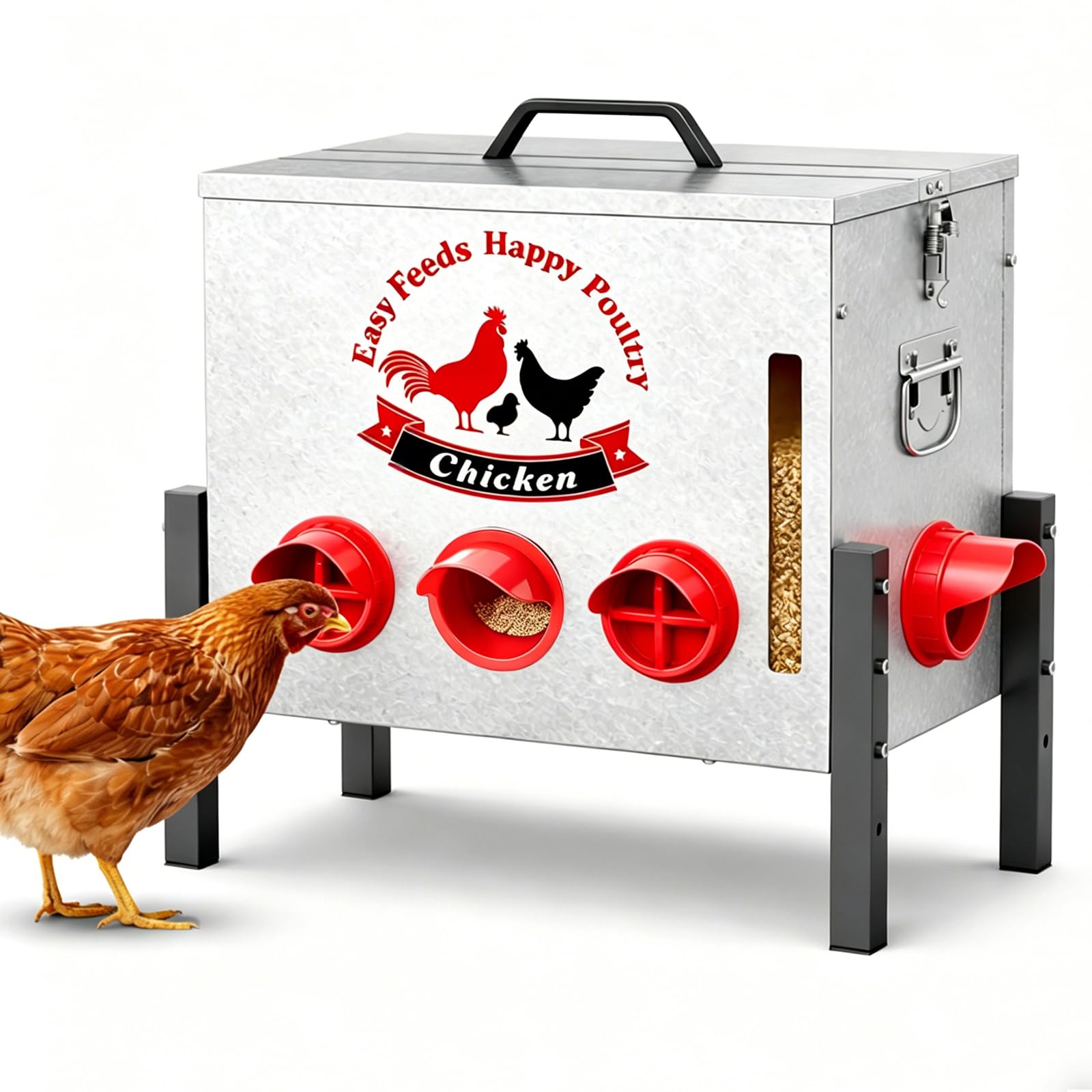Comedero automático para gallinas de 25 kg con 8 orificios de alimentación, ventana, tapa con cierre, altura ajustable, resistente a las ratas, almacenamiento de alimentos para pollos, patos, gansos