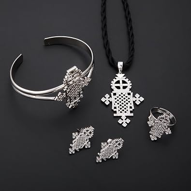 Ethiopian Classic Cross Jewelry Silver Plated Habesha Jewelry Wedding 4PCS Sets