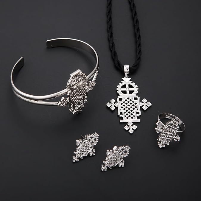 Ethiopian Classic Cross Jewelry Silver Plated Habesha Jewelry Wedding 4PCS Sets