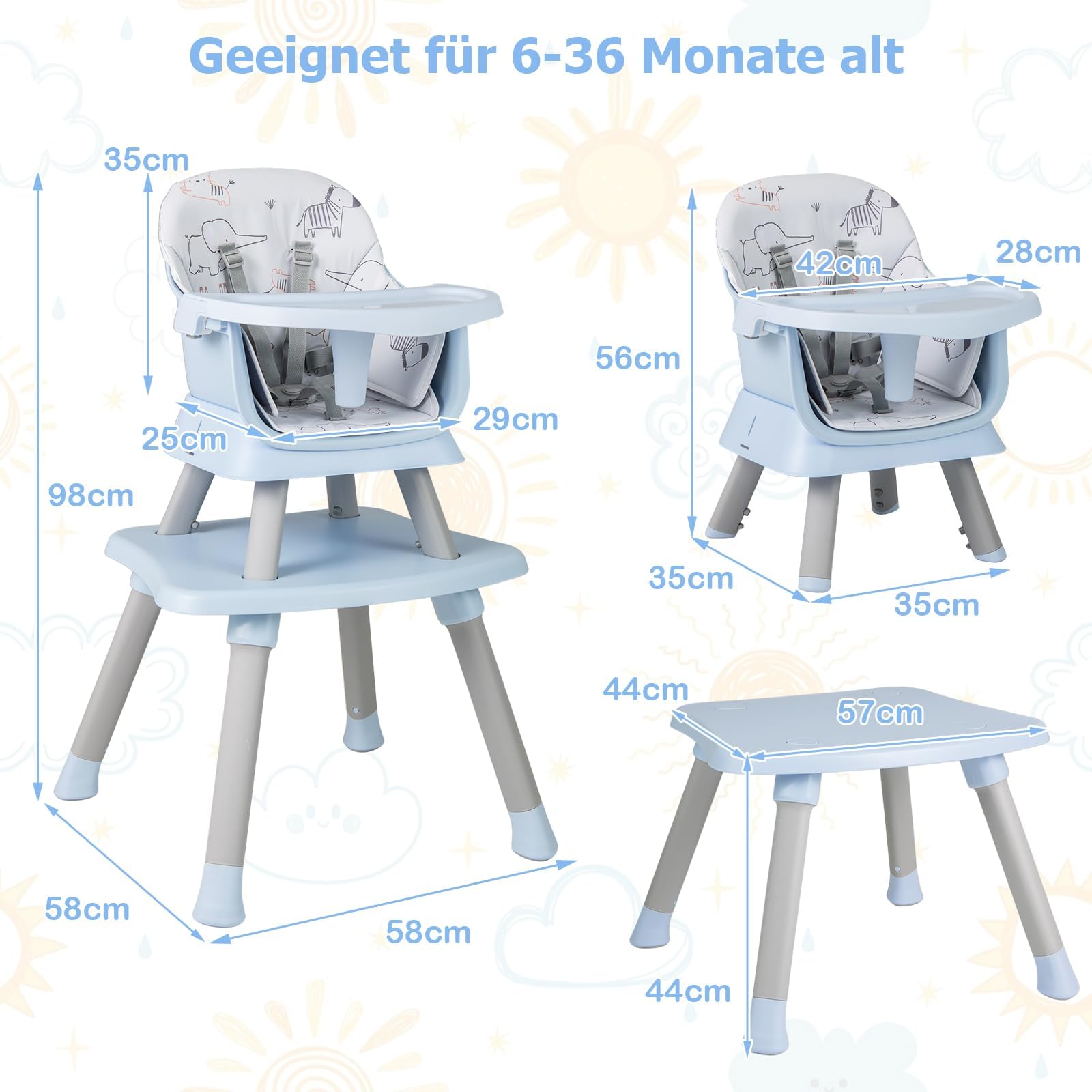 FANTASK Seggiolone 6 in 1 con cintura di sicurezza e vassoio rimovibile, tavolo da costruzione e seggiolone, tavolo educativo e sedia combinata, seggiolone (blu)