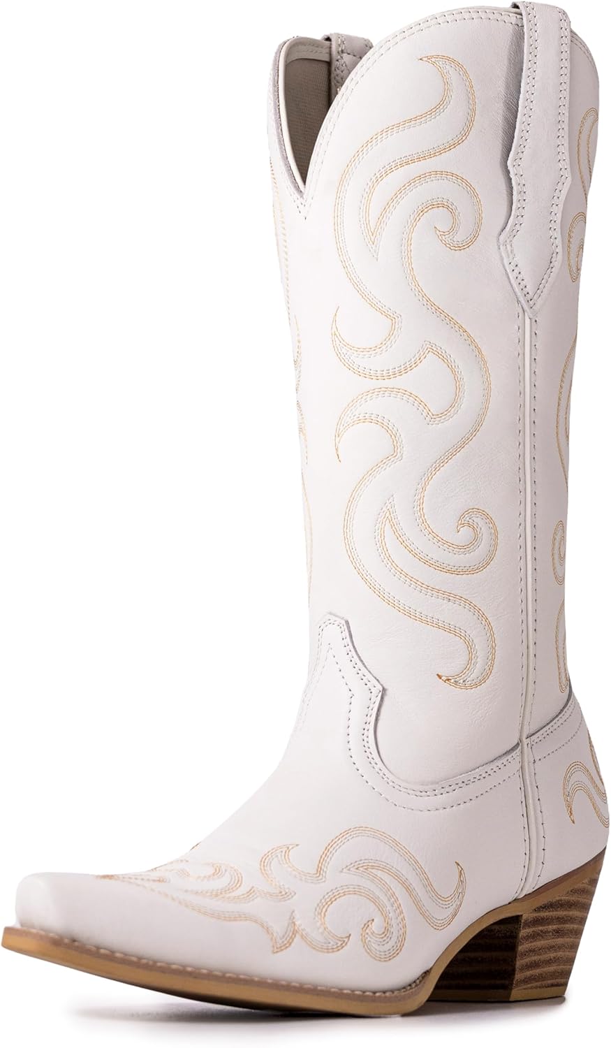 Cowboy Boots for Women, Genuine Leather Wide Calf Embroidered Cowgirl Boots, Pointed Toe Chunky Heel with Pull Tabs, Ideal for Daily Wear, Music Festivals and Parties