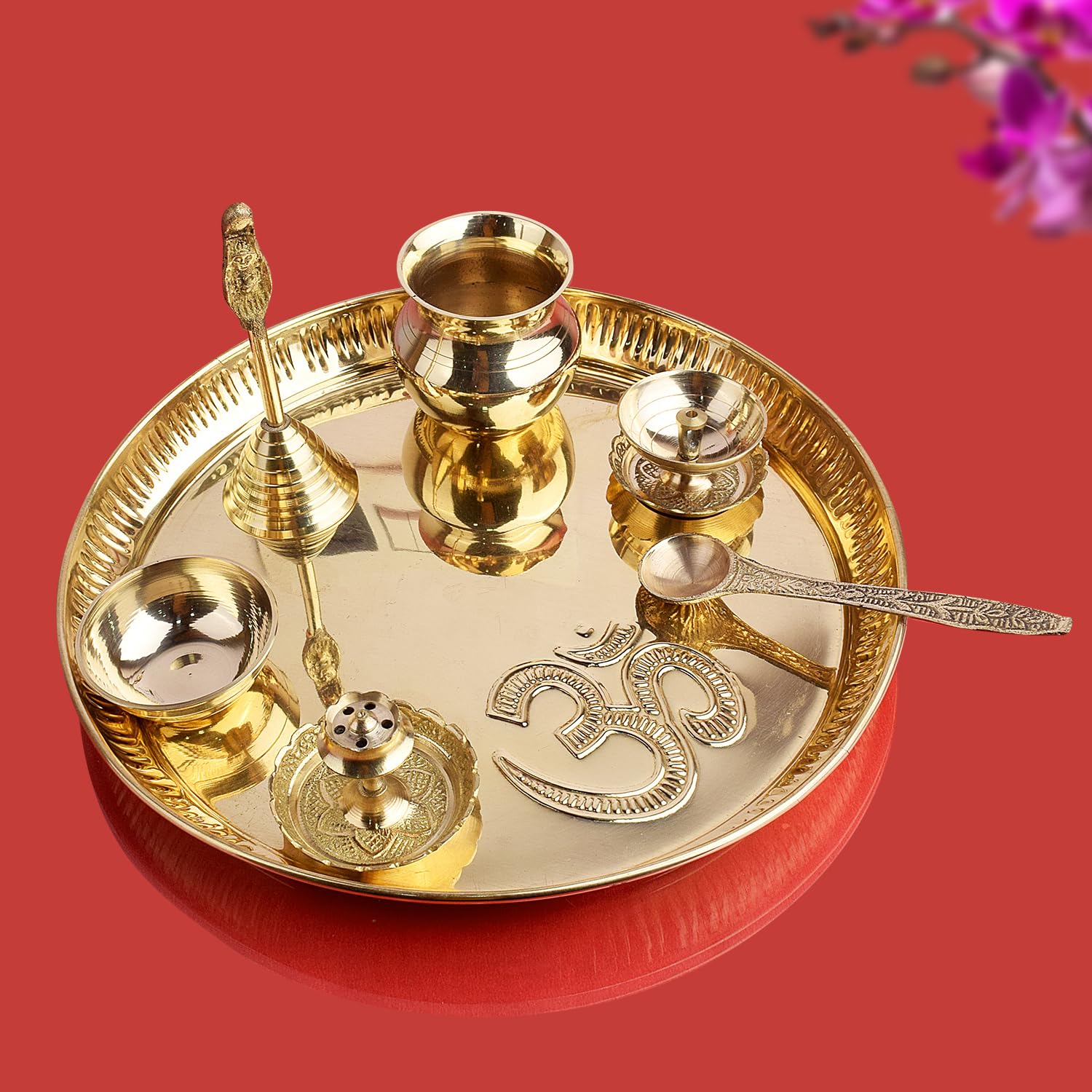 SATVIK STORE 10 Inch Brass Puja Thali Set of 7 | Handcrafted Design for Divine Blessings | Ideal Housewarming Return Gift | Perfect for Festivals & Worship | Complete Puja Thali Set