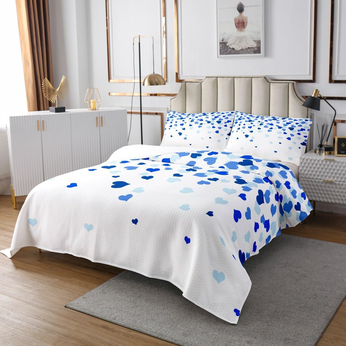 jejeloiu Blue Heart Love Pattern Bedspread Queen Size Heart Shape Coverlet Set for Kids Romantic Love Dreamy Girly Quilted Coverlet Women Men Teens Decor All Season