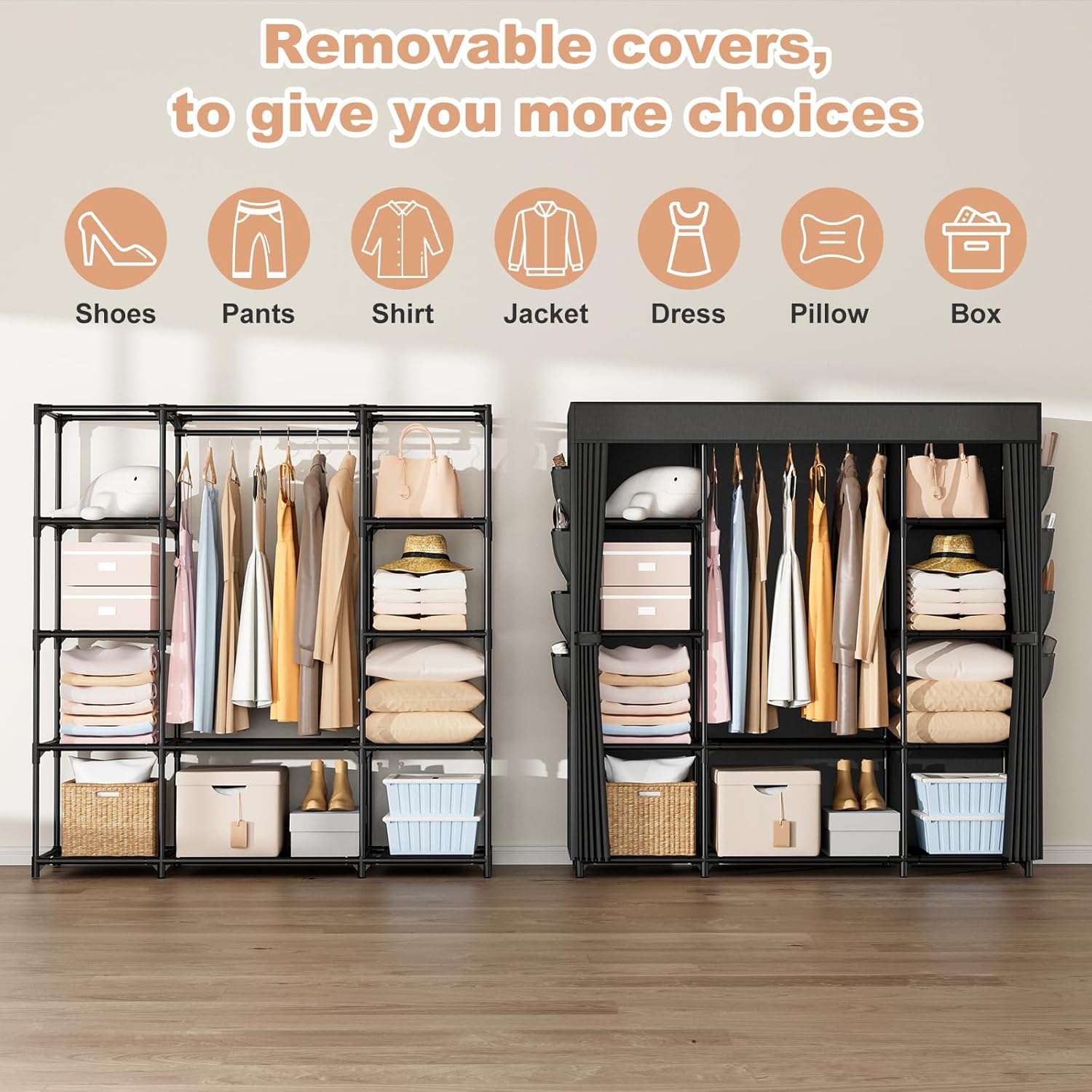 Portable Closet for Hanging Clothes 57.3 Inch Large Capacity Wardrobe Closet with Cover, 8 Pockets and 1 Hanging Rod, Easy Assembly Closet Organizer for Bedroom, Black