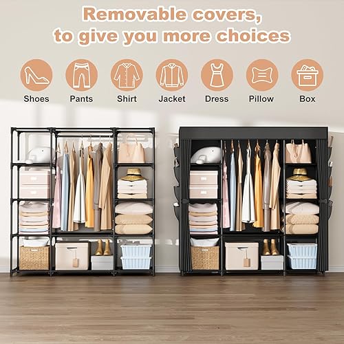 Miniatura 5 de Armario portátil para colgar ropa de 57.3 pulgadas, armario de gran capacidad con tapa, 8 bolsillos y 1 barra para colgar, organizador de armario de