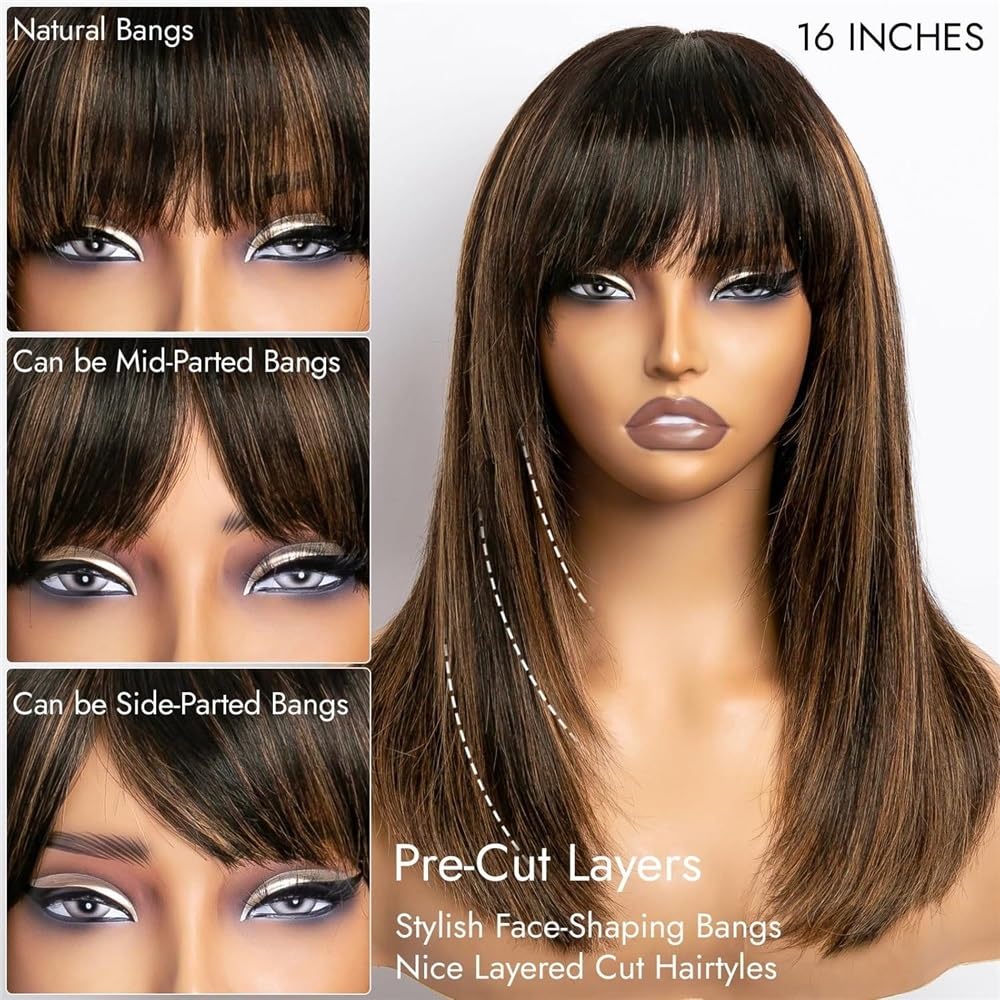Warstwowe Highlight 1b/30 Bezglueless Bob Wig z grzywką do noszenia na co dzień, 3 x 1 cali koronkowe igi ludzkie włosy 180 Density dla czarnych kobiet (6 cali)