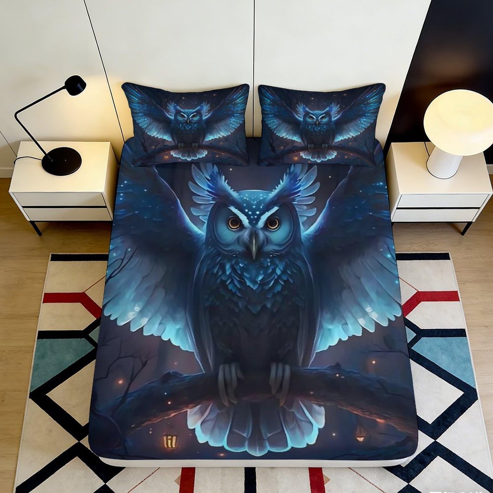 3D Printed Owl Pattern Fitted Sheet Microfiber Deep Pocket Bedroom Bedding Elastic Hem Owl Mattress Fitted Cover Washable 180x200x25cm