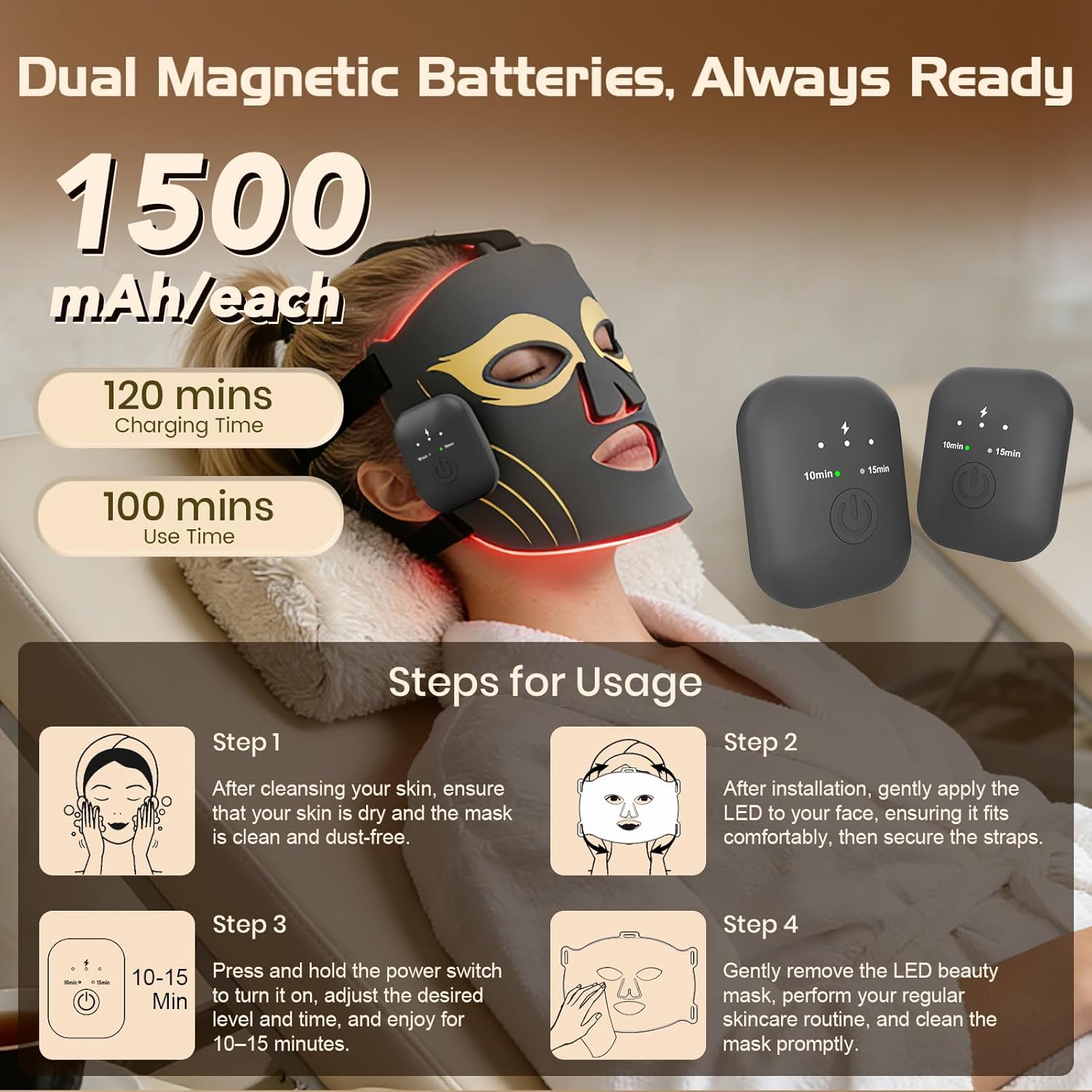 Red Light for Face, Cordless Near-Infrared Lightweight Mask, Rechargeable LED RedLight Mask with Timer for Home Use and Travel (Grey A)