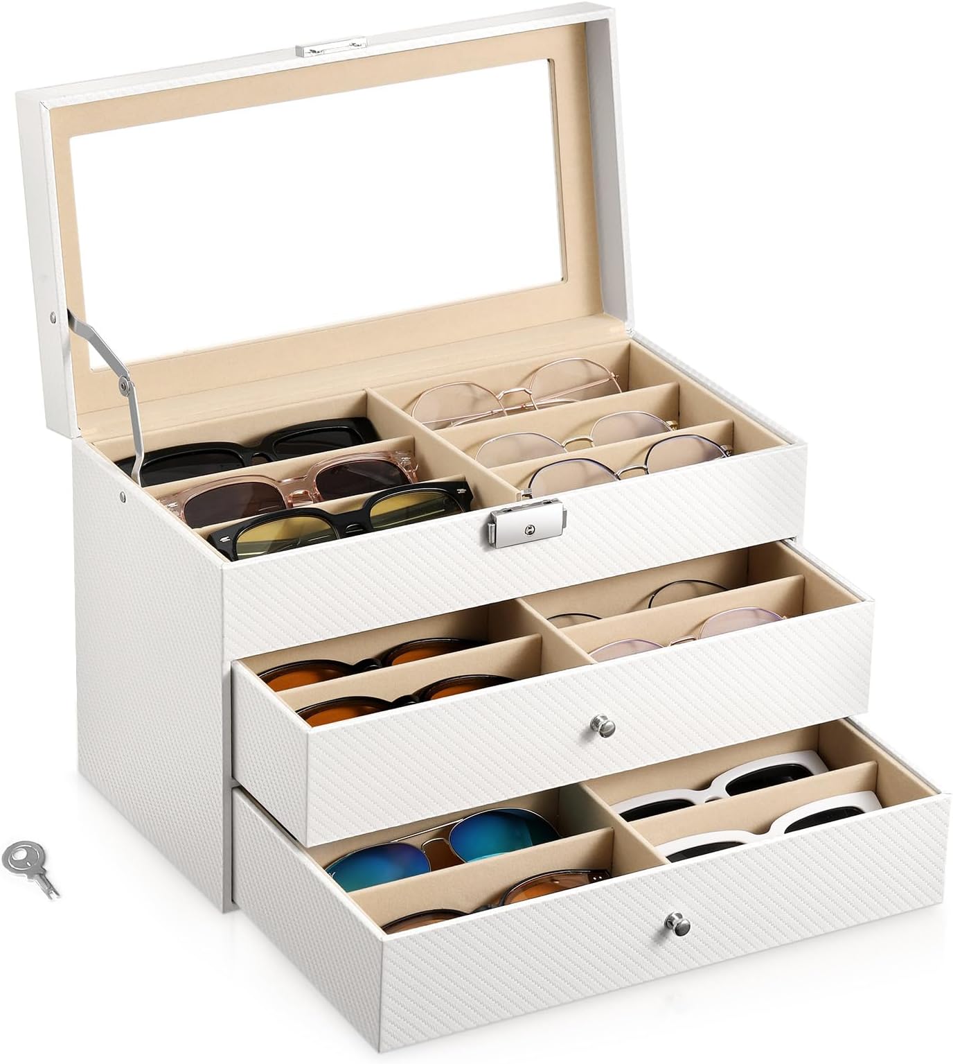 Sunglasses Organizer, Leather Sunglass Display Collection Holder Case with Drawer Clear Glass Lid