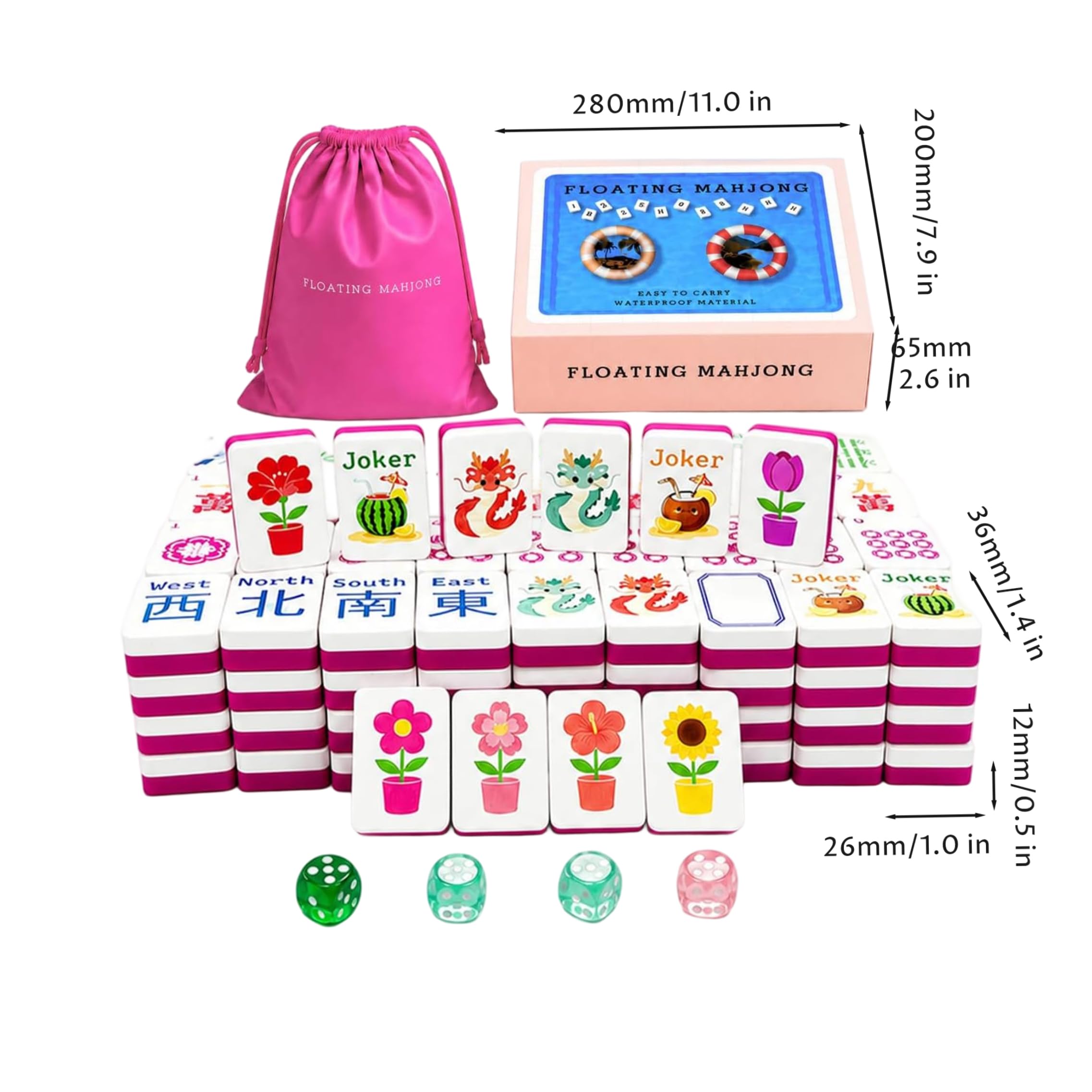 Schwimmende Mahjong-Fliesen | Pool-Mahjong-Set, schwimmende Fliesen mit komplettem Strand-Zubehör für Schwimmbrett-Wasserspiel, Sommer-Strandparty, Rosenrot