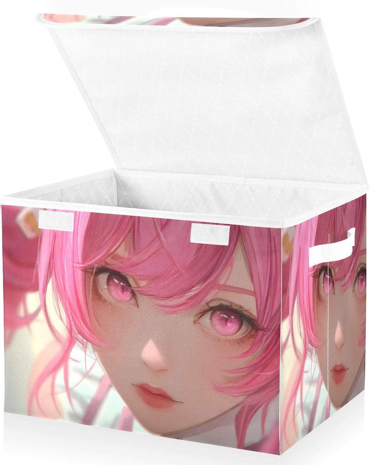 Anime Woman Face Large Linen Storage Bins with Lid & Handle Foldable Storage Boxes Basket with Flip-Top Lid for Home Office 16.5” x 12.6” x 11.8”