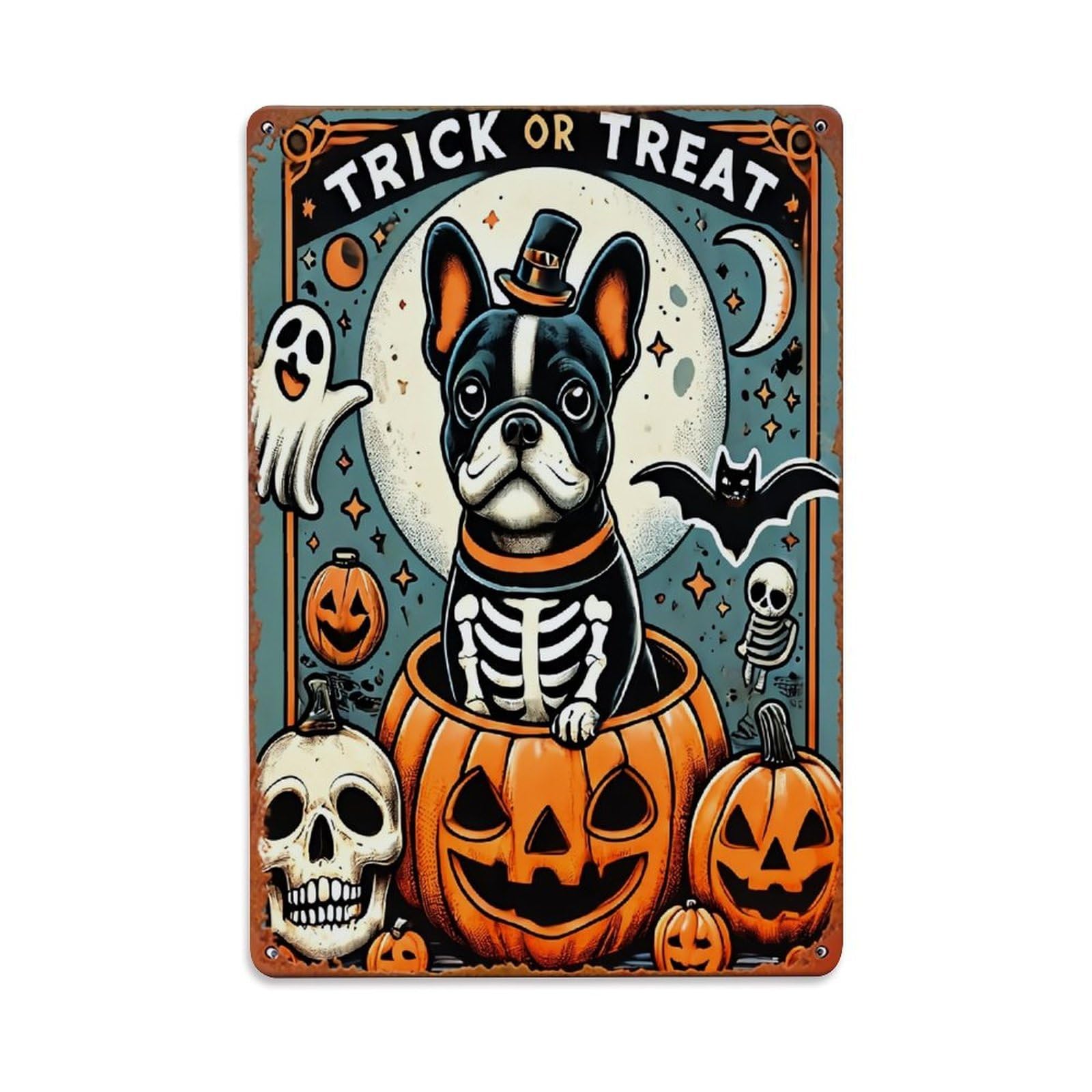 Trick Or Treat Dog Pumpkin Retro Metal Tin Sign, Vintage Decor Art Poster for Bar, Home, Man Cave, Kitchen, Laundry Room Gift 8x12Inch