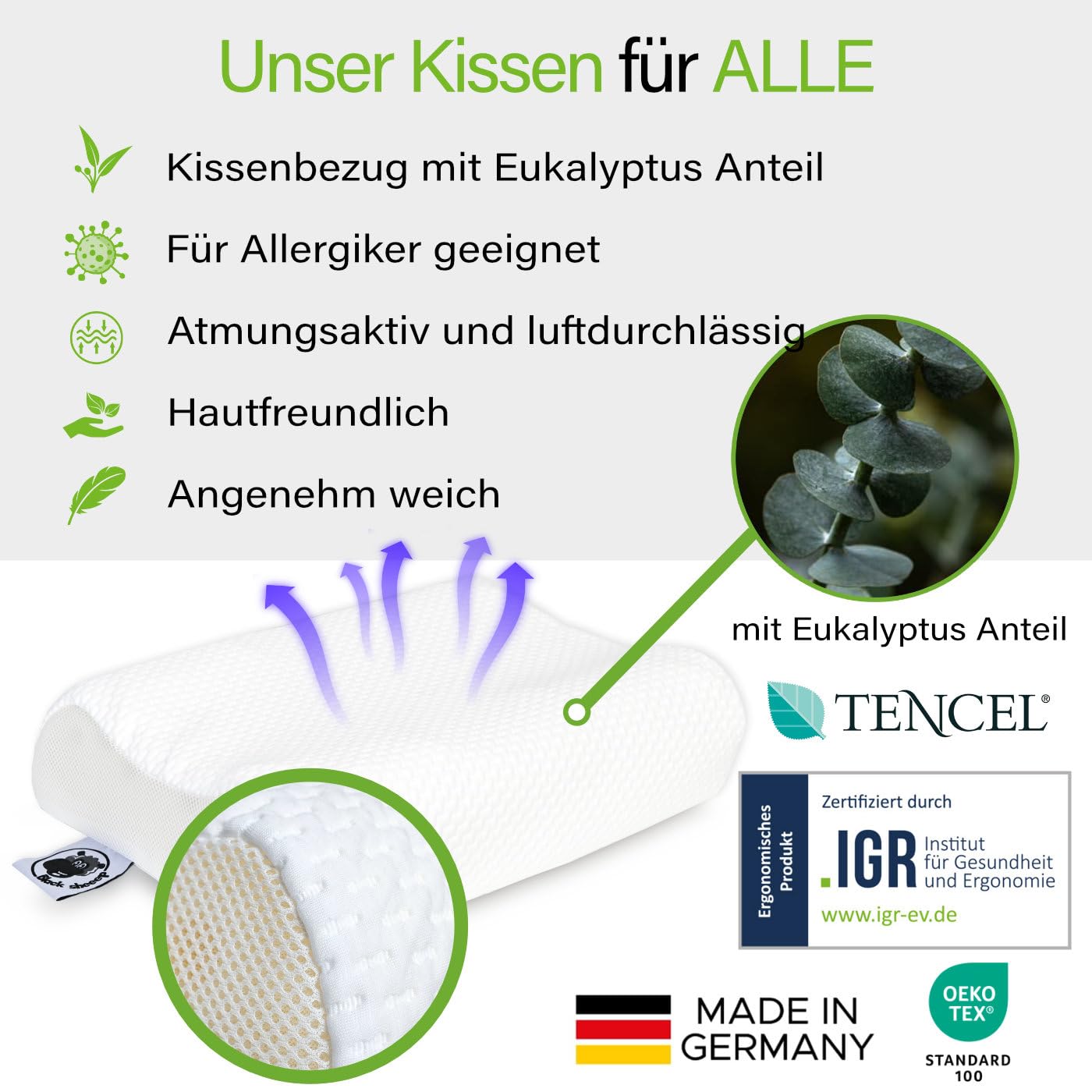 Black Sheeep Orthopädisches Nackenstützkissen mit Memory Foam Made in Germany ergonomisches Kopfkissen inkl. Eukalyptus Kissenbezug für Allergiker und Seitenschläfer