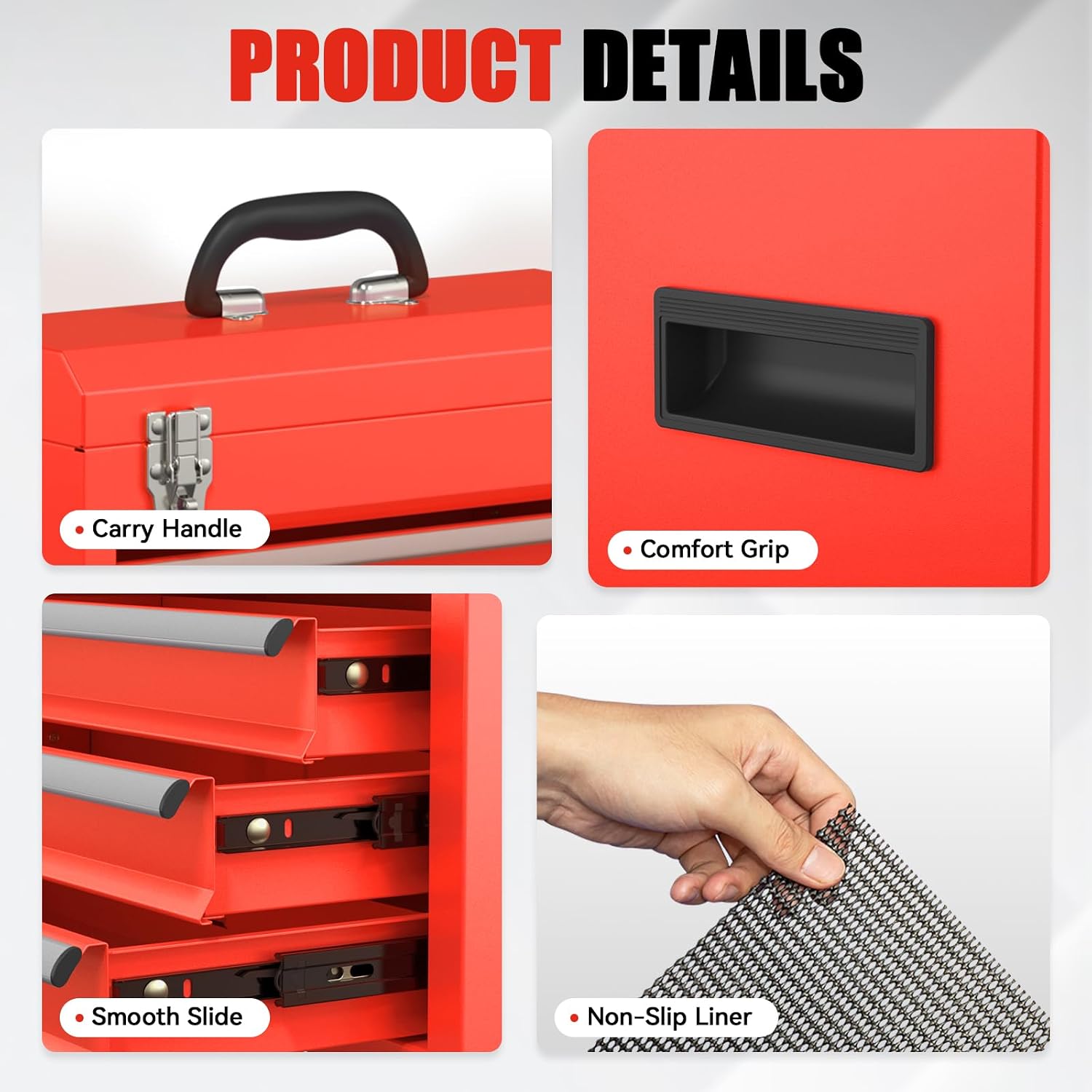3-Drawer Small Tool Box, Tool Chest with EVC Liners and Locking Mechanism, Metal Tool Box for Garage Workshop and Room Use (Red)