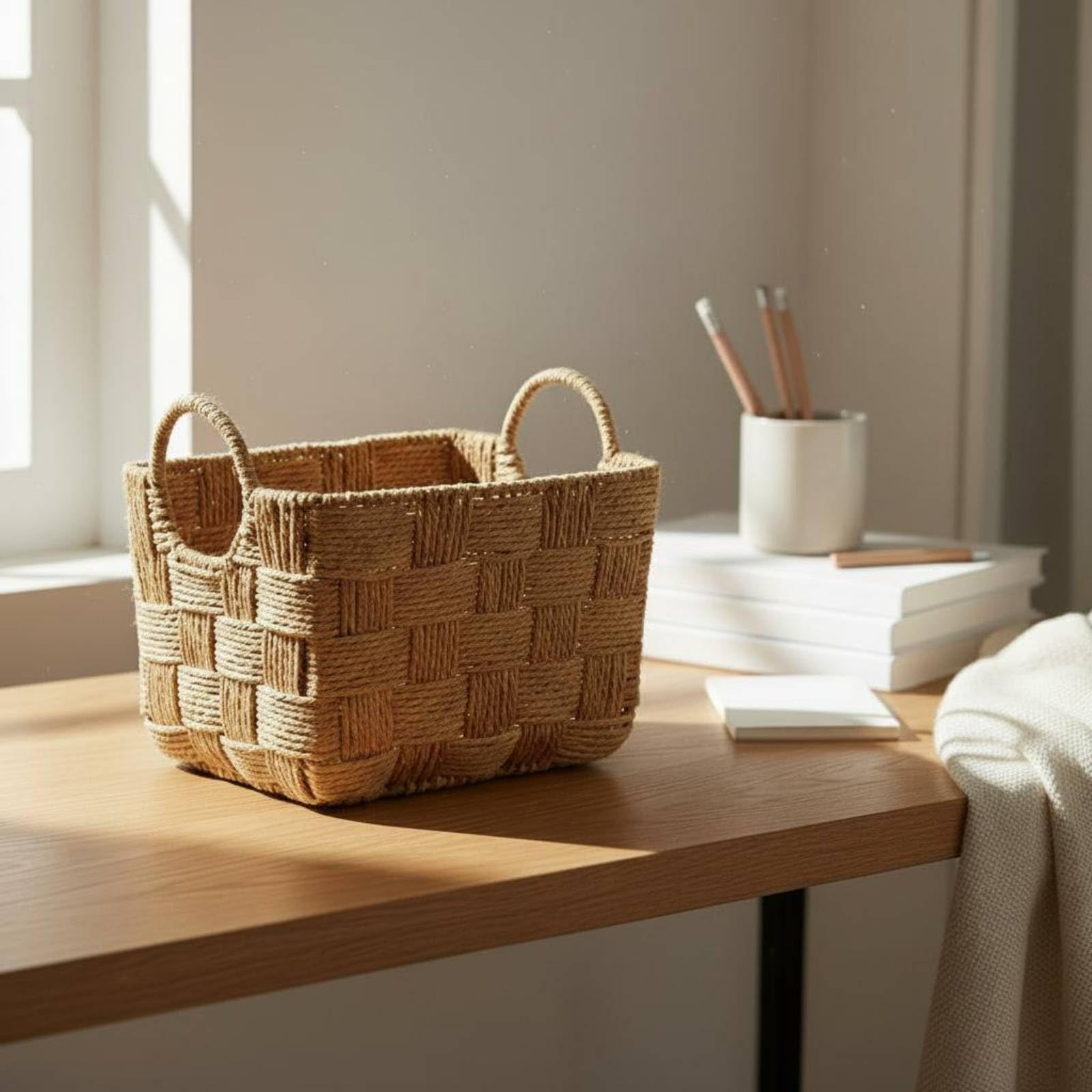Cesto Portaoggetti Intrecciato a Mano Elegante Stoccaggio Casa Leggero Arredo Domestico, Set Di Tre Pezzi