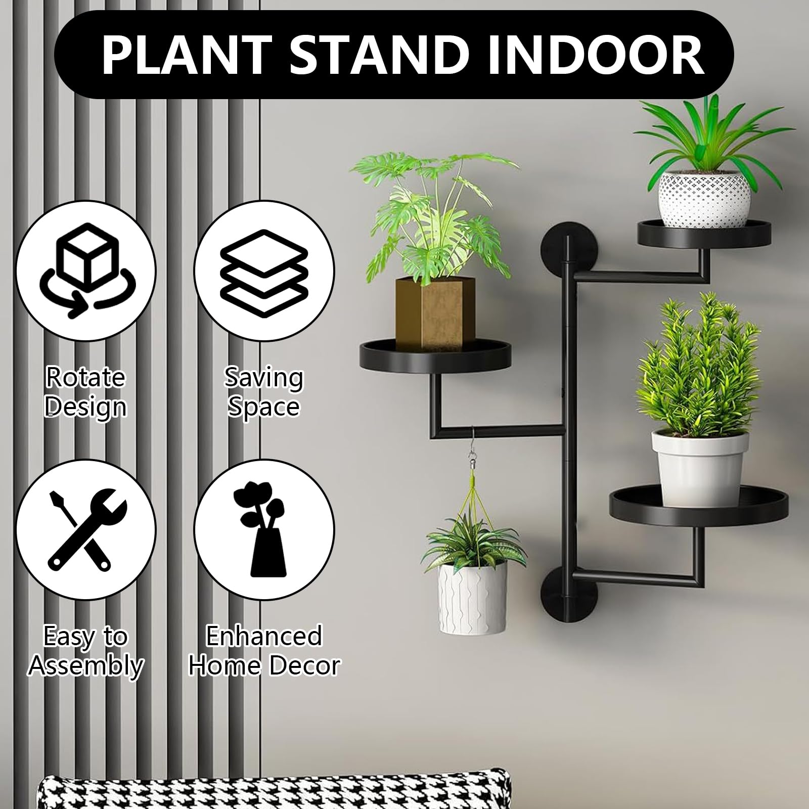 Estanteria para Plantas Interior, Soporte para Plantas de Metal de 3 Niveles, Estante para Plantas de Pared Giratorio de 180°, Estante Flotante para Plantas Montado en la Pared para Espacios Pequeños