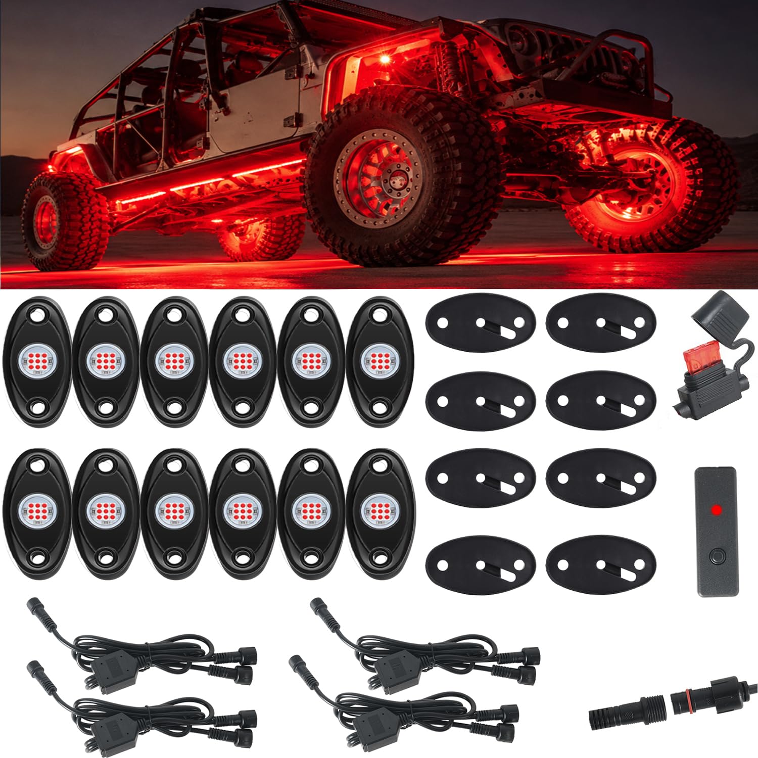12pods Pure Red led Rock Lights Dc 12v with Switch Kit for Trucks utv ATV