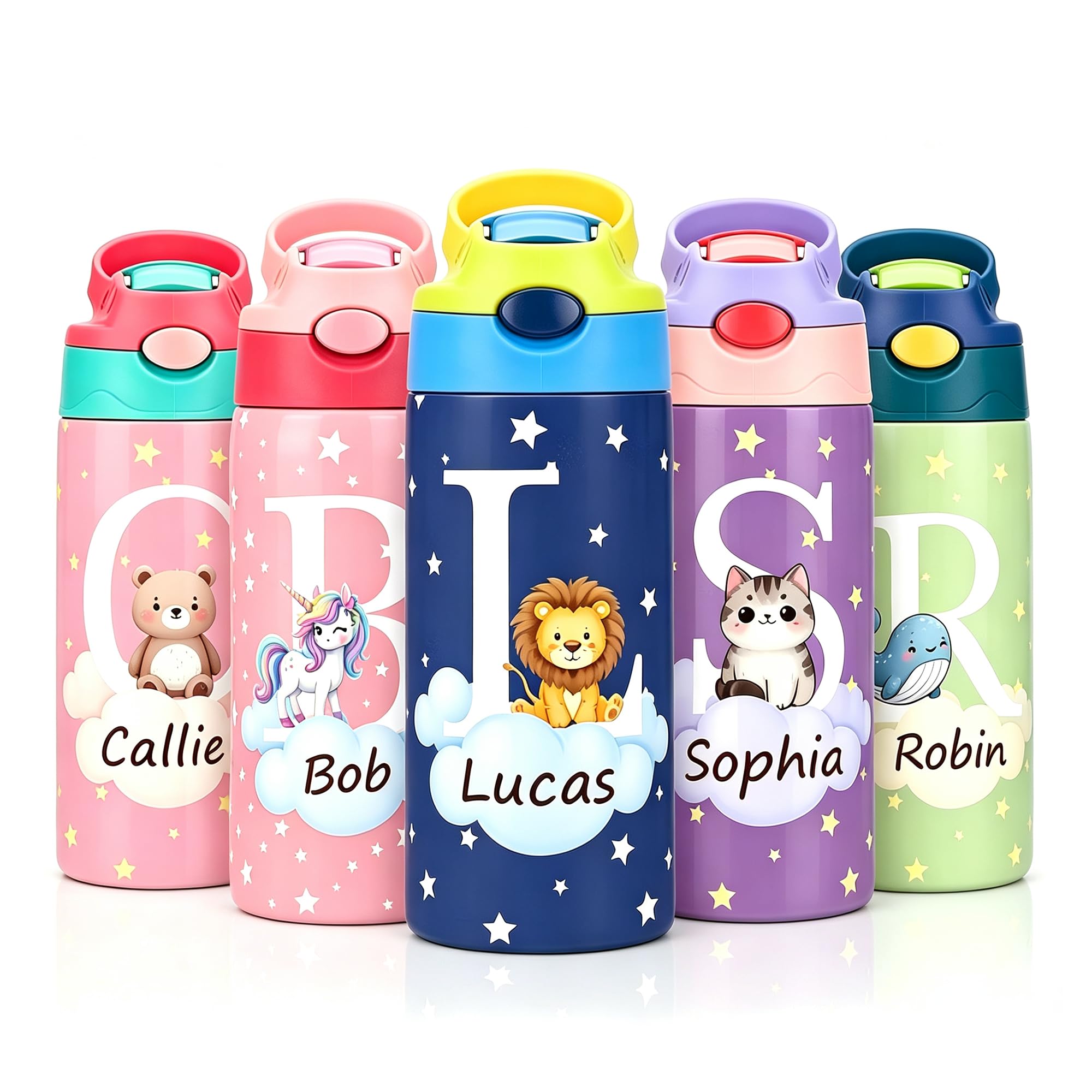 VEELU Personalised Water Bottle for Kids 350ml, Custom Kids Insulated Water Bottles with Name, Stainless Steel Straw, Reusable, Non-Spill, BPA-Free, Back to School Gifts for Girls and Boys (Style 02)