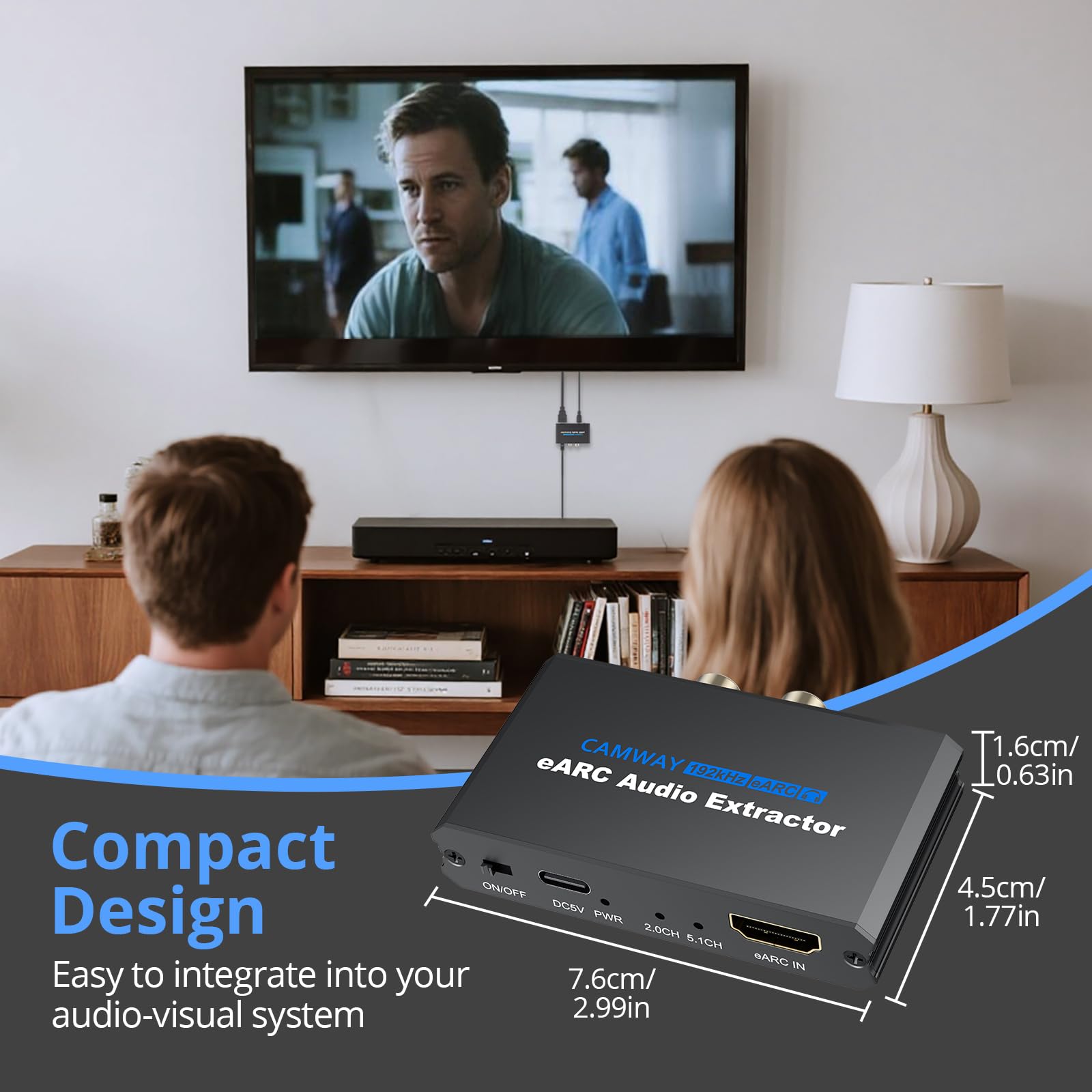 CAMWAY eARC Ekstraktor audio – HDMI ARC/eARC na światłowód, RCA, konwerter audio 3,5 mm, obsługuje dźwięk przestrzenny 5.1, łatwa konfiguracja soundbara, wzmacniacza, słuchawek, wyjścia audio TV
