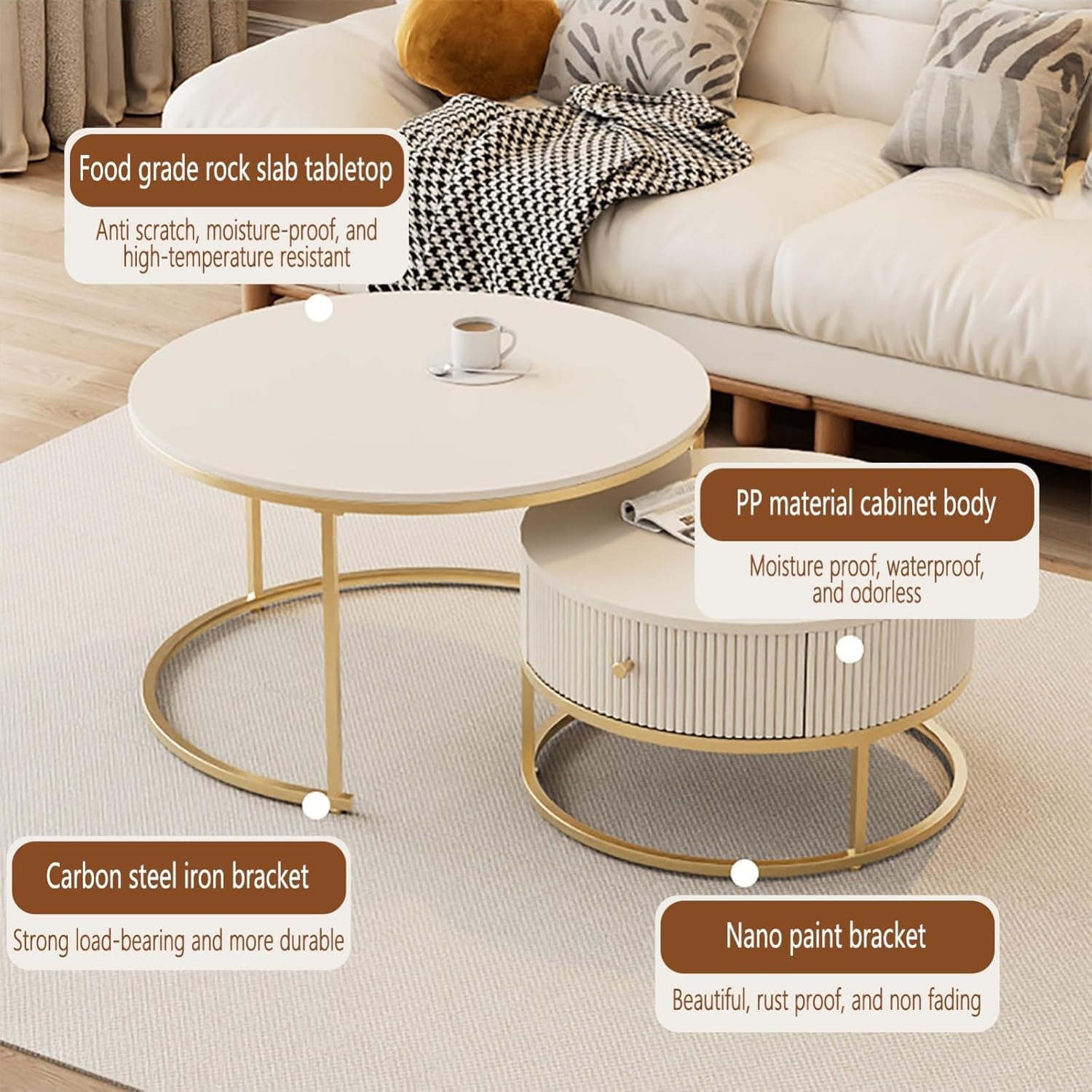 Lot de 2 tables basses rondes élégantes – Tables d'appoint en métal pour salon, chambre à coucher et petits espaces – Tables à thé et d'appoint modernes (80 x 46 cm et 60 x 36 cm)