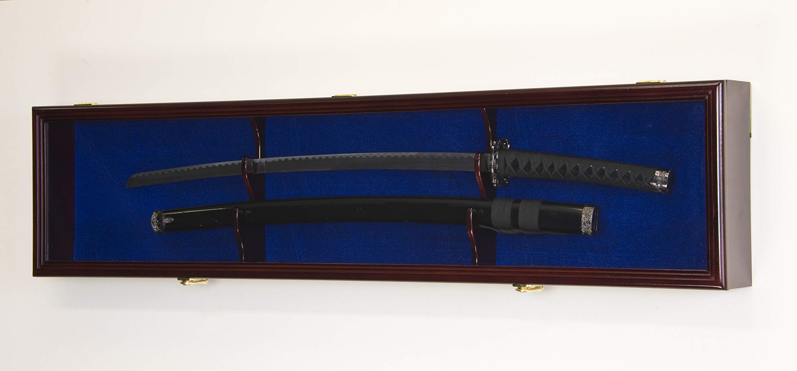 sfDisplay.com,LLC. Single Sword & Scabbard Display Case Cabinet Wall Rack Custom Colors - Lockable (Cherry Finish w/LED, Blue Felt Background)