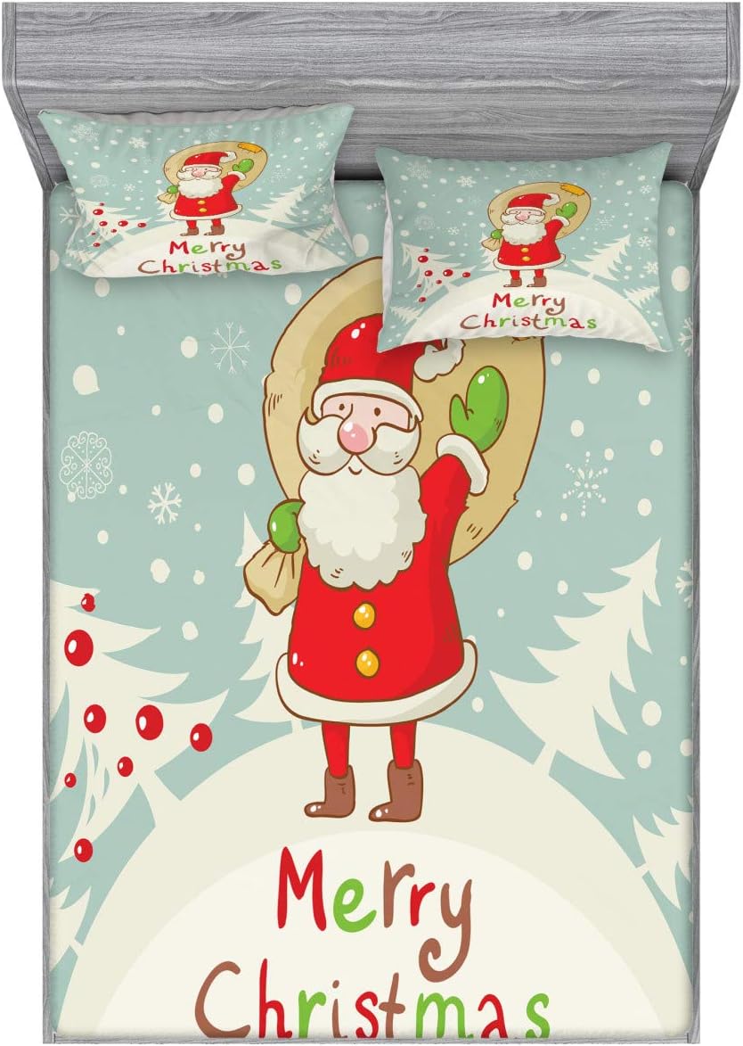 Ambesonne Santa Fitted Sheet & Pillow Sham Set, Merry Christmas Theme Santa with a Sack of Presents on Forest and Snowflakes, Decorative Printed 3 Piece Bedding Decor Set, Queen, Pale Cadet Blue