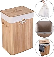 Vista 3 de GOFLAME Cesta portátil de bambú para ropa sucia, cesta de almacenamiento de ropa sucia con tapa y forro extraíble, gran contenedor de ropa con asas
