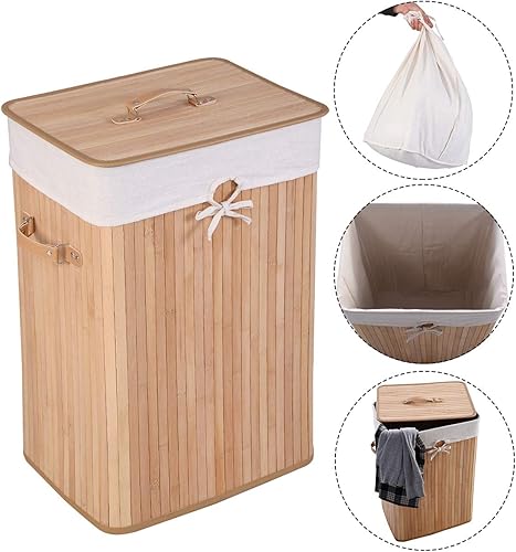 Vista 3 de GOFLAME Cesta portátil de bambú para ropa sucia, cesta de almacenamiento de ropa sucia con tapa y forro extraíble, gran contenedor de ropa con asas
