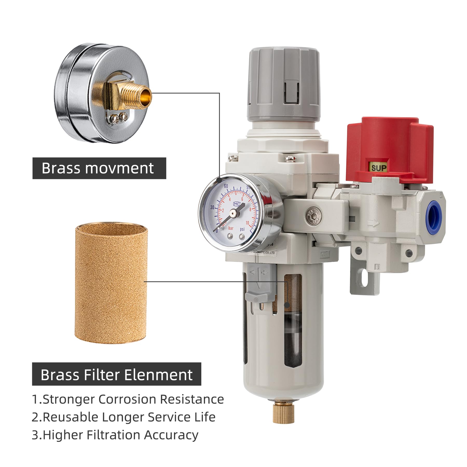 Industrial Air Compressor Filter Regulator Combo 3/8" NPT 0-150 PSI Gauge,Semi-Auto Drain,Pressure relief 3 port valve,5 Micron Water Separator for Pneumatic Tools — Amazon image 4