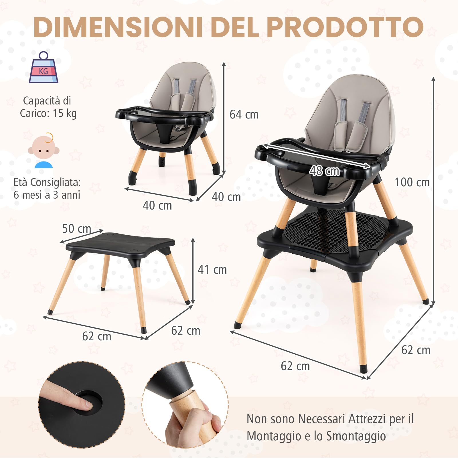 RELAX4LIFE 4 in 1 Seggiolone Pappa, Seggiolone Evolutivo con Vassoio Rimovibile e Cintura di Sicurezza, Altezza Regolabile in 4 Posizioni, per Bambini e Neonati 6-36 Mesi (Standard, Grigio Scuro)