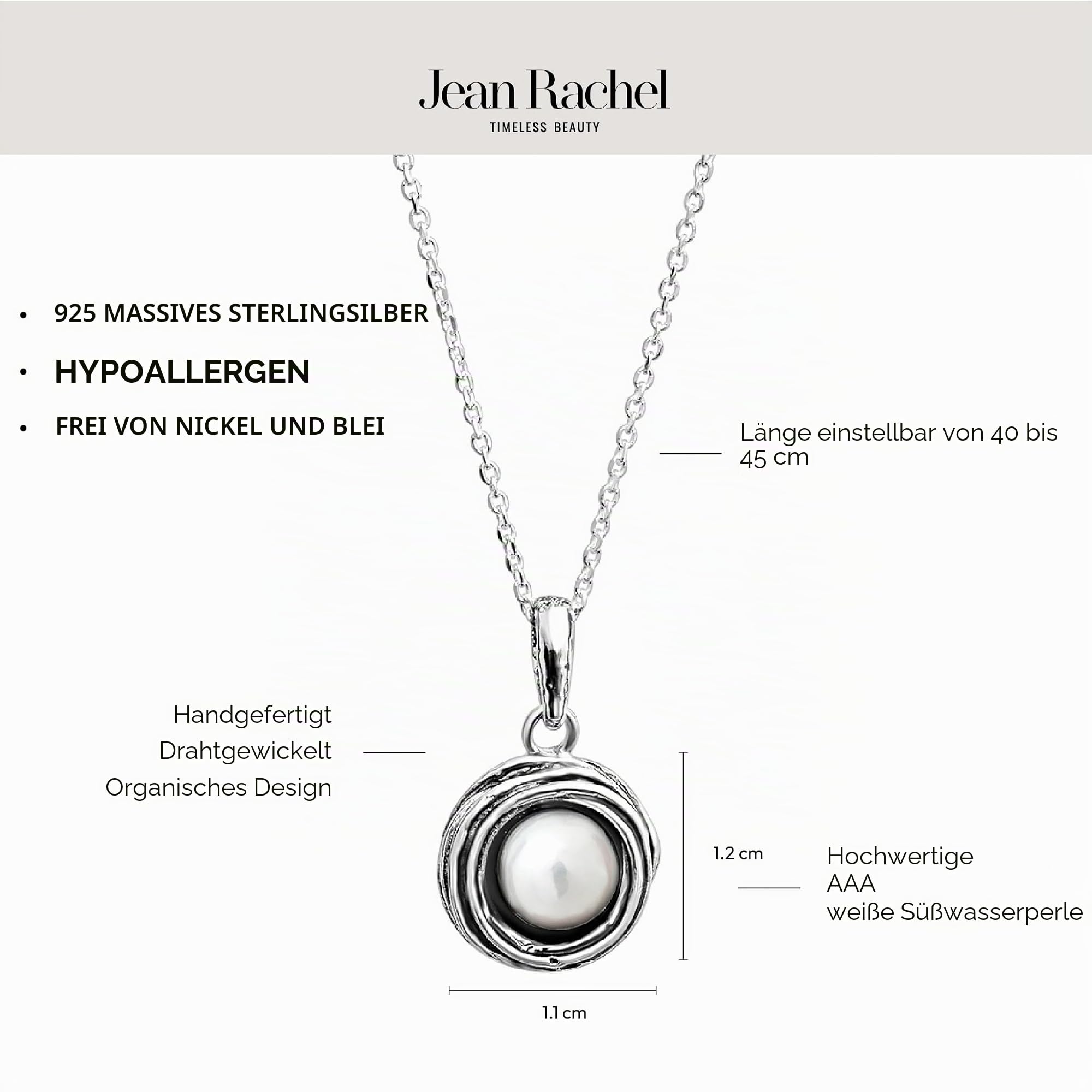 JEAN RACHEL JEWELRY Halskette aus 925er-Sterlingsilber für Damen mit Süßwasserperle, Vintage-Design, hypoallergen, blei- und nickelfrei, handgefertigt, Statement-Halskette