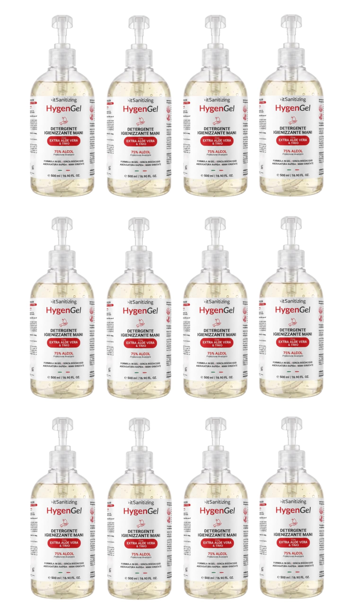 Hygen Gel Mani Disinfettante Antibatterico Alcool 75% 6 Litri - 12 Flaconi 500 ml z Aloe Vera i Tymianek