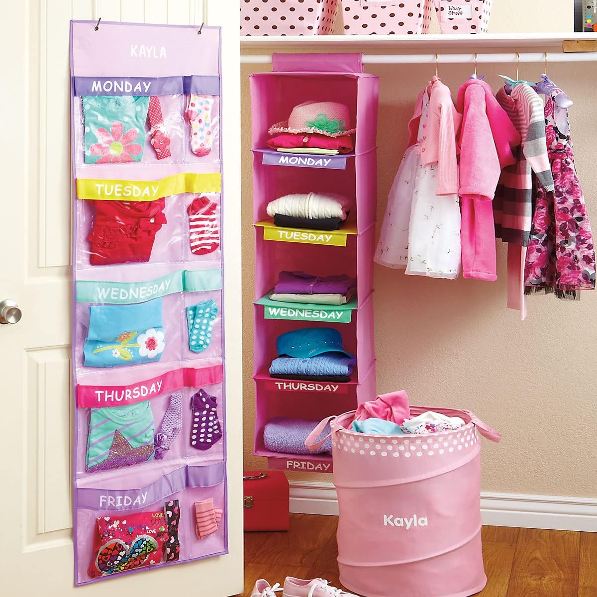 Lillian Vernon Pastel Colors Days Of The Week Hanging Clothing Organizer – Personalize With Name, Weekly Monday-Friday Over Door Weekday Kids Clothes Storage System, Sturdy Pastel Poly, 19-1/2" x 62"