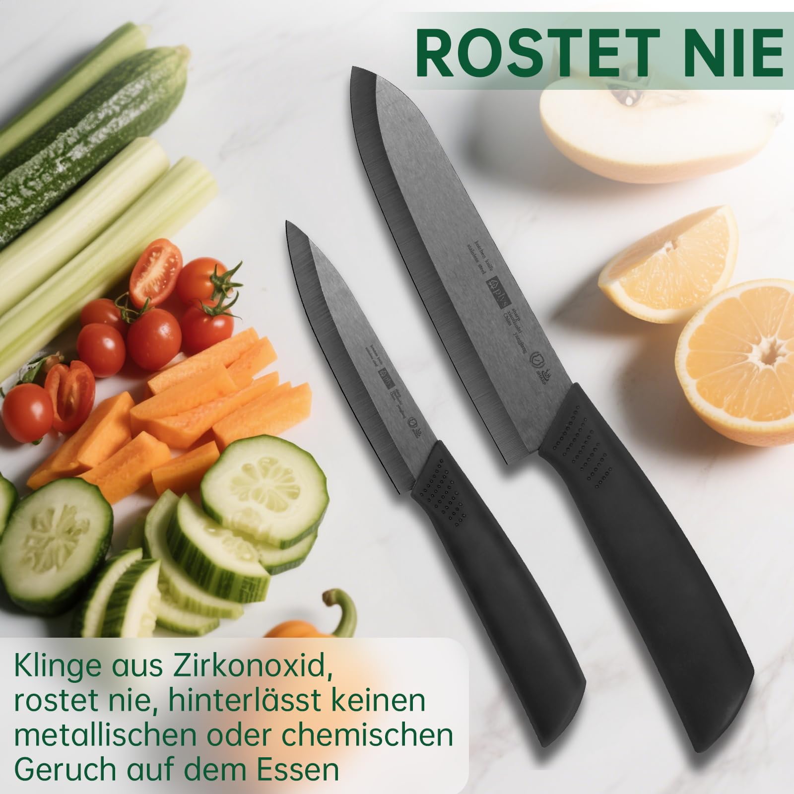 Keramikmesser Set Keramik Messer Küche: Scharf 2er Pack Messerset 15.5cm Kochemesser, 10.7cm Obstmesser Geschenk für Mama (Schwarze Klinge)