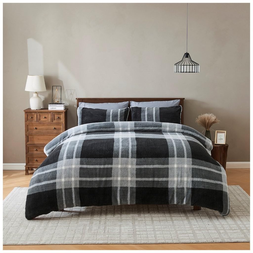 Lions Charcoal/Grey Teddy Bear Bedding - Thermal Reversible Fleece Check Double Bed Duvet Cover Set With Pillowcase, Warm Cosy Quilt Covers, 200X200cm